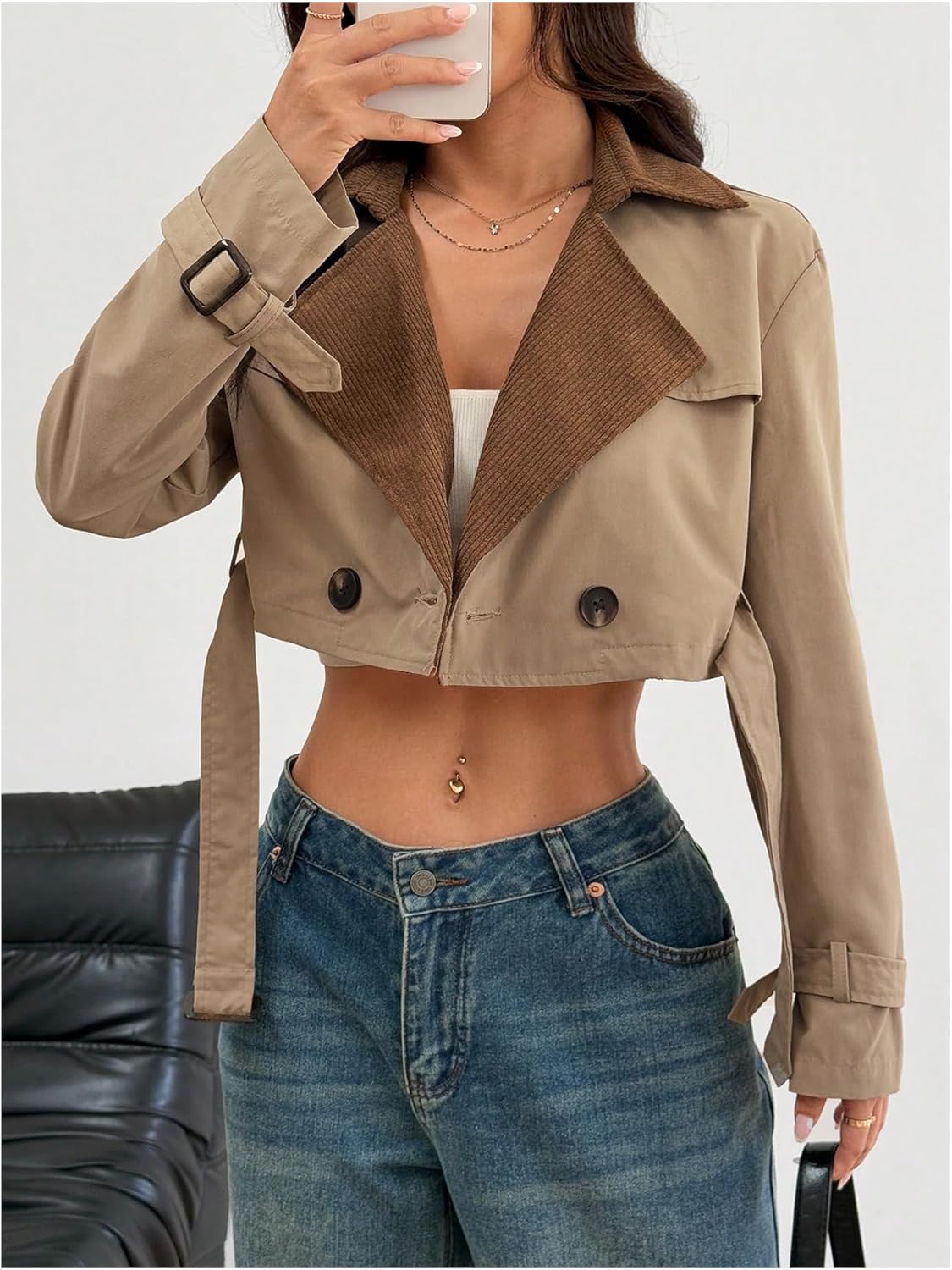 SOLY HUX Women's Double Breasted Cropped Trench Coat Belted Long Sleeve Lapel Collar Jacket - Image 4