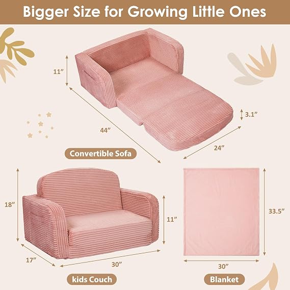 Foryoomi Extra Wide 2 in 1 Convertible Toddler Kids Couch - Corduroy Fold Out Kids Sofa Chair with Blanket, Comfy Comfortable Toddler Chair, Machine-Washable Cover, for Boys Girls, Pink