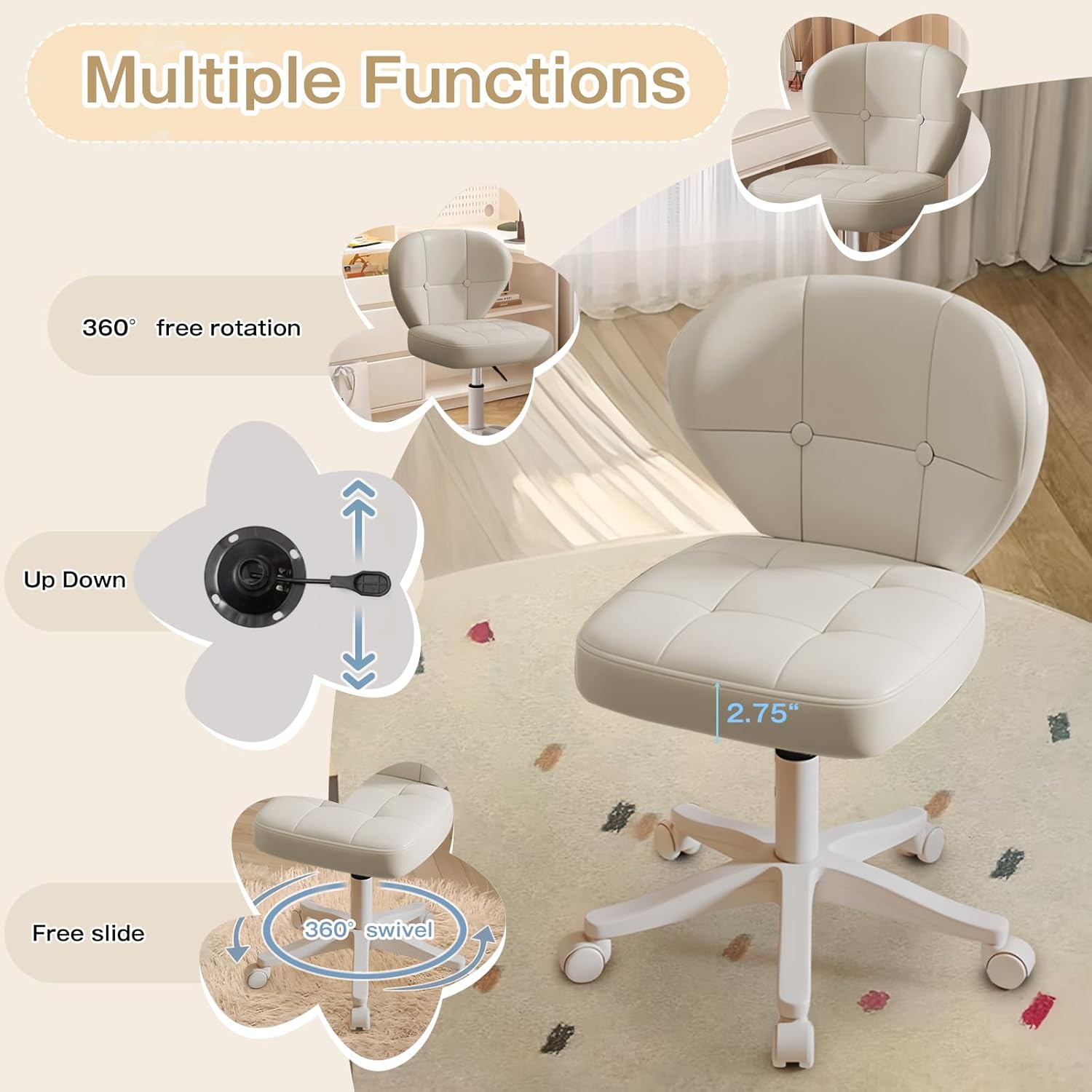 Vanity Chair with Back – Small Armless Office Chair with Wheels, Lumbar Support, PU Leather, Adjustable Height, 360° Swivel for Home, Bedroom, Office White Set of 1