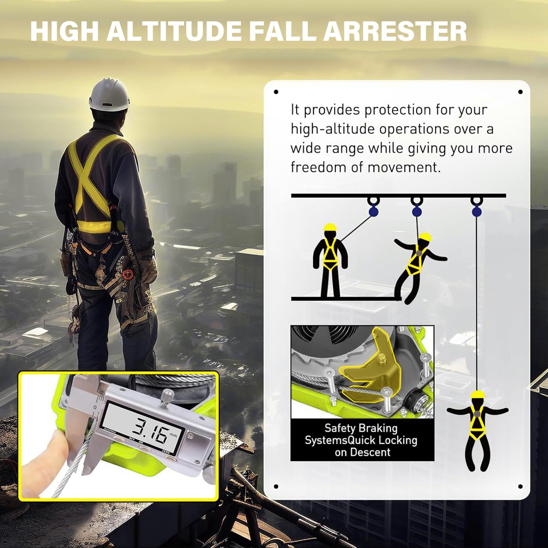 Dispositivo Anticaidas Retráctil, 3-20m Anticaidas Retractil Seguridad Homologado con Gancho Autoblocante, Amarillo Linea de Vida Retractil para Techado y Construcción, Carga:150kg (10m)