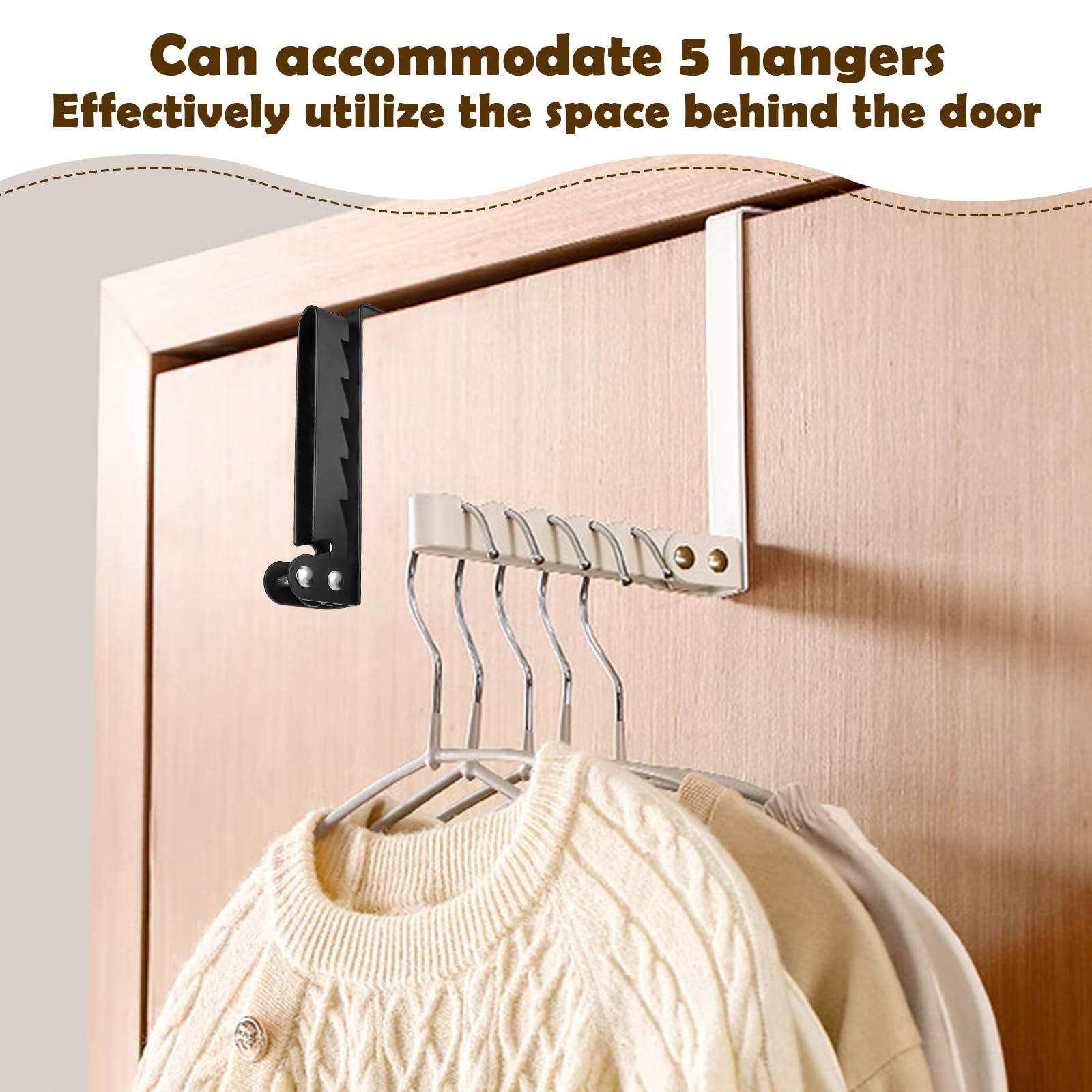 YYTECH 2 Pcs Folding Over Door Hanger Over Door Hooks No-Drilling Hanger Over Folding Clothes Hanger with 5 Grooves for Coats Clothes Hat Towel Jacket White and Black - Image 4