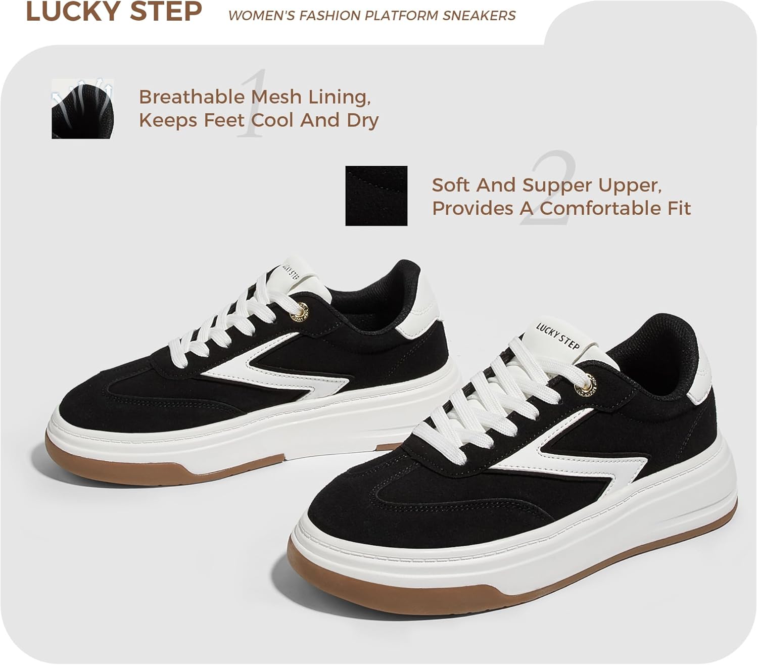LUCKY STEP Women's Fashion Platform Sneakers Retro Chunky Casual Cow Suede Tennis Footwear Thick Sole Low Top Memory Foam Insole Walking Shoes