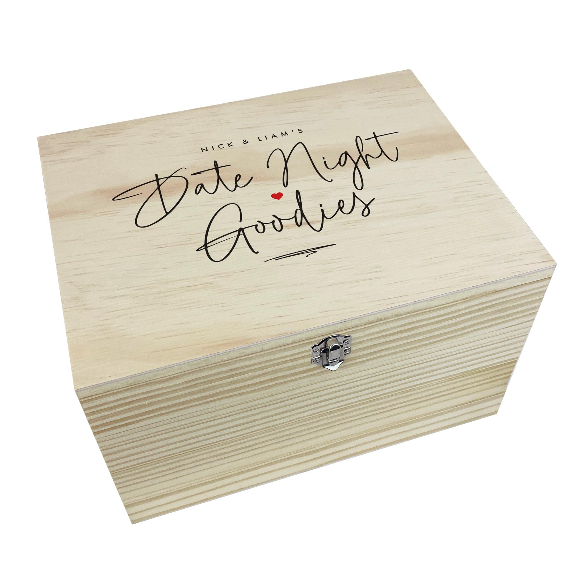 Personalised Couples Date Night Goodies Pine Box | Wood Keepsake Box with Hinges & Clasp | Valentines, Anniversary, Wedding Gift | W30 x D22.9 x H18cm