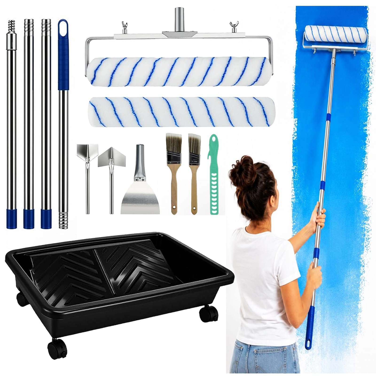 18 Inch Paint Roller Set with Wheels Tray, 13Pcs Complete Kit - 12"-20"Adjustable Frame Fits, 63" Extension Pole, 1+1 Roller Covers, Rolling Paint Tray, Efficient Tool for Walls Ceilings & DIY
