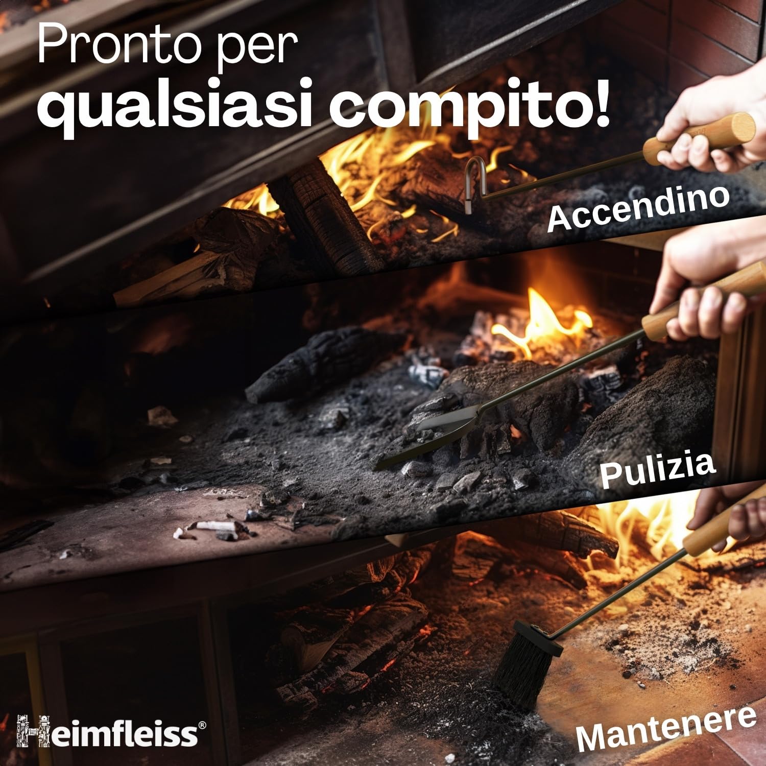 Heimfleiss® Set Camino Grigio Moderno | Attrezzi per Camino Set Camino | Kit Camino di Qualità con Attizzatoio, Spazzola-Paletta | Accessori Camino con Manici in Legno