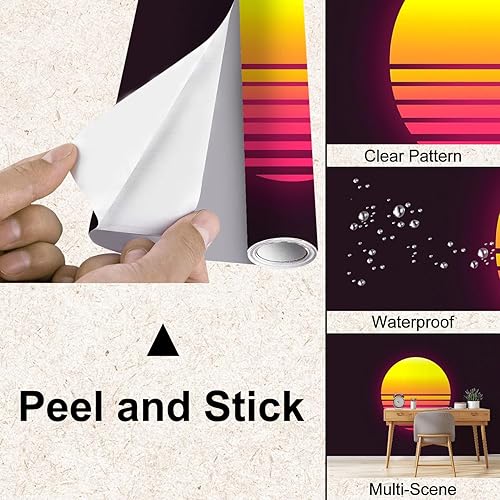 Miniatura 3 de Wall Mural Peel & Stick Retro Sunset 80 s Style Retrowave synthwave Design for Cyber sci fi Self-Adhesive Wallpaper Removable Wall Decal Wall