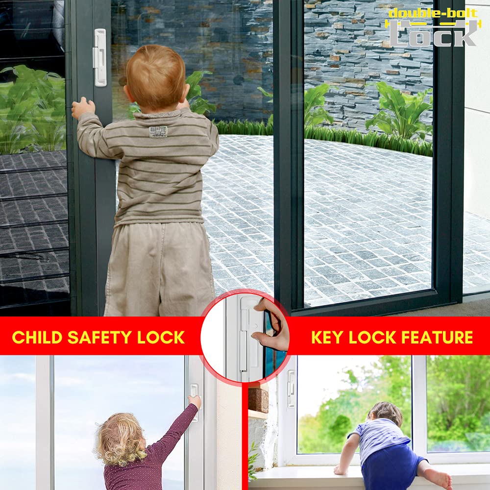CAL Double Bolt Lock - Sliding Patio Door Locks - Child Proof Sliding Door Lock with Anti Lift Security Lock - Replaces Sliding Door Security Bar - Adjustable & Fits Most Doors (Gray)