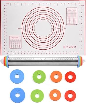 Rolling Pin and Silicone Baking Pastry Mat Set, Stainless Steel Dough Roller with Adjustable Thickness Rings, for Pizza, Pie, Pastries, Pasta, Cookies Red
