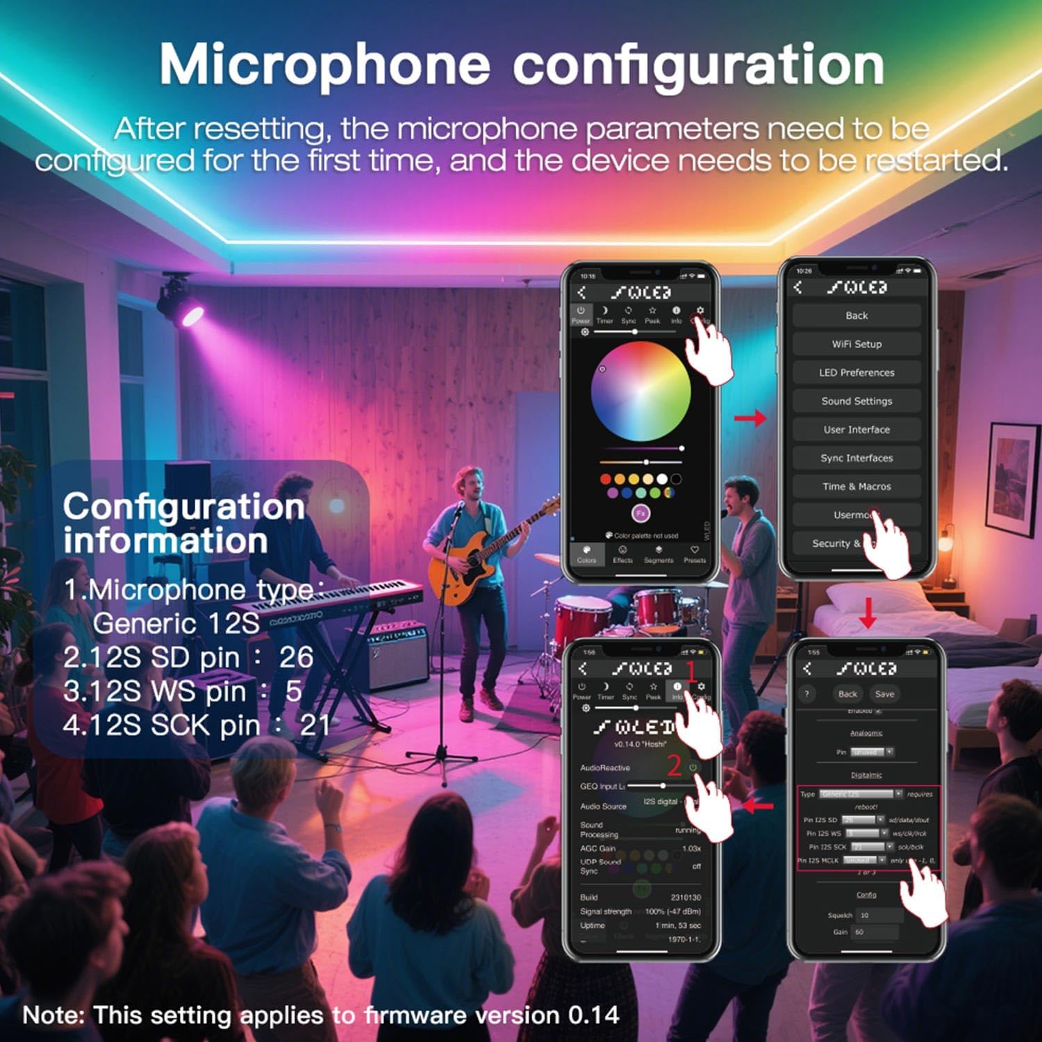Screenshots of the WLED app interface showing microphone configuration settings, including microphone type, I2S SD pin, WS pin, and SCK pin.