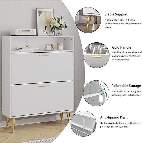 Vista 64 de JOZZBY Armario de zapatos para entrada, armario de almacenamiento de zapatos estrecho negro con 2 cajones abatibles y estantes abiertos, organizador