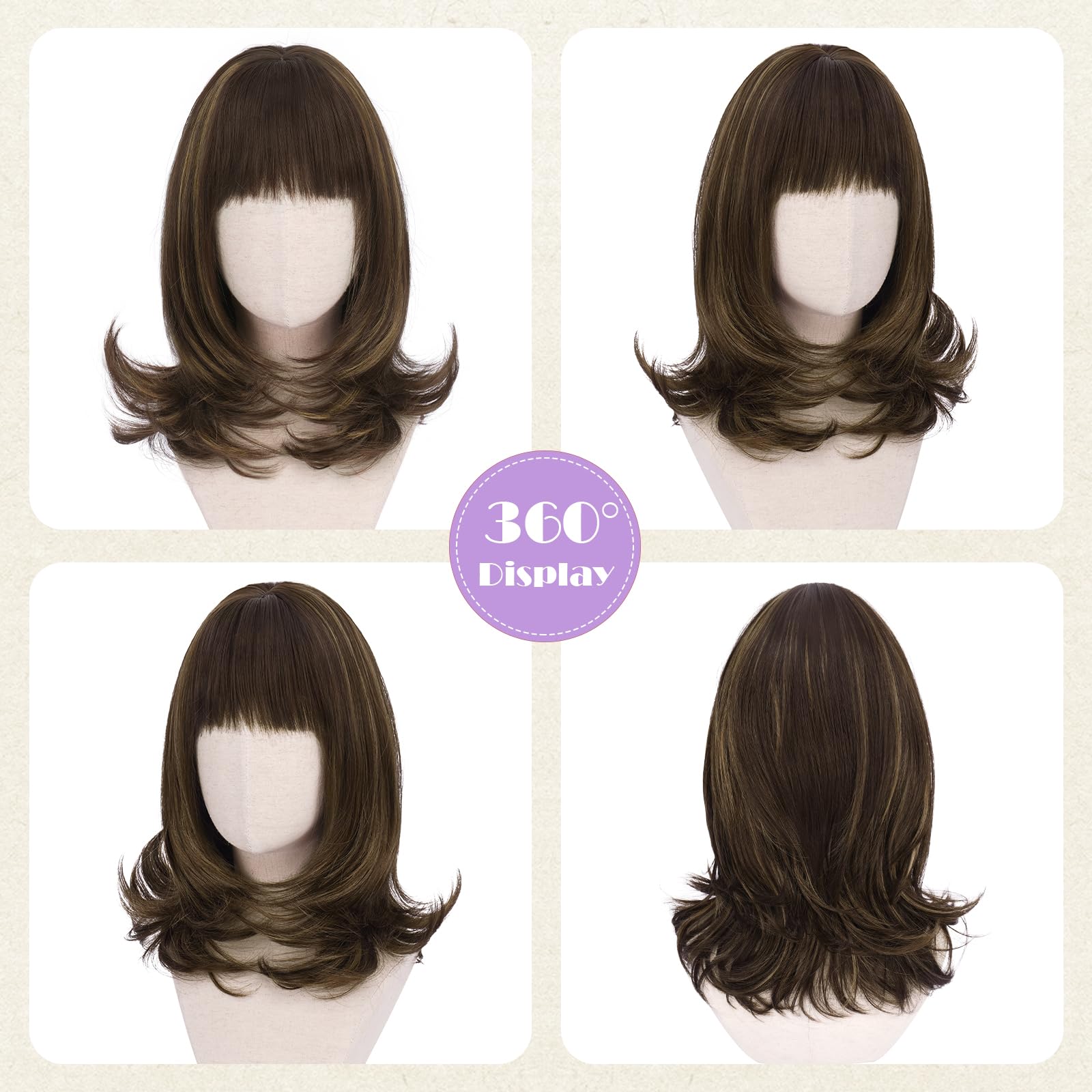 Sofeiyan Peluca de Cabello Corta Natural,38 cm Marrón Chocolate con Reflejos Marrón Dorado Peluca Bob con Flequillo,Pelucas Sintéticas para Mujer con Puntas Rizadas de Forma Natural Uso Diario