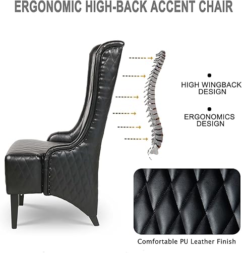 Miniatura 5 de Henf Silla decorativa tapizada con respaldo de ala de 22 pulgadas de ancho, silla de piel sintética, silla auxiliar moderna, silla de ocio, respaldo