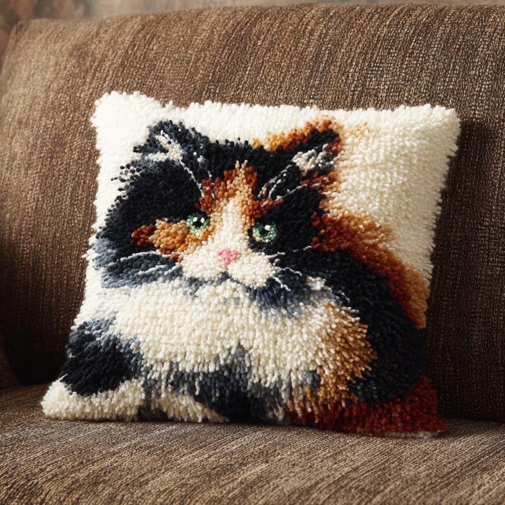AxiangziK Latch Hook Cushion Kit,Cat DIY Embroidery Pillow Cover 43X43Cm
