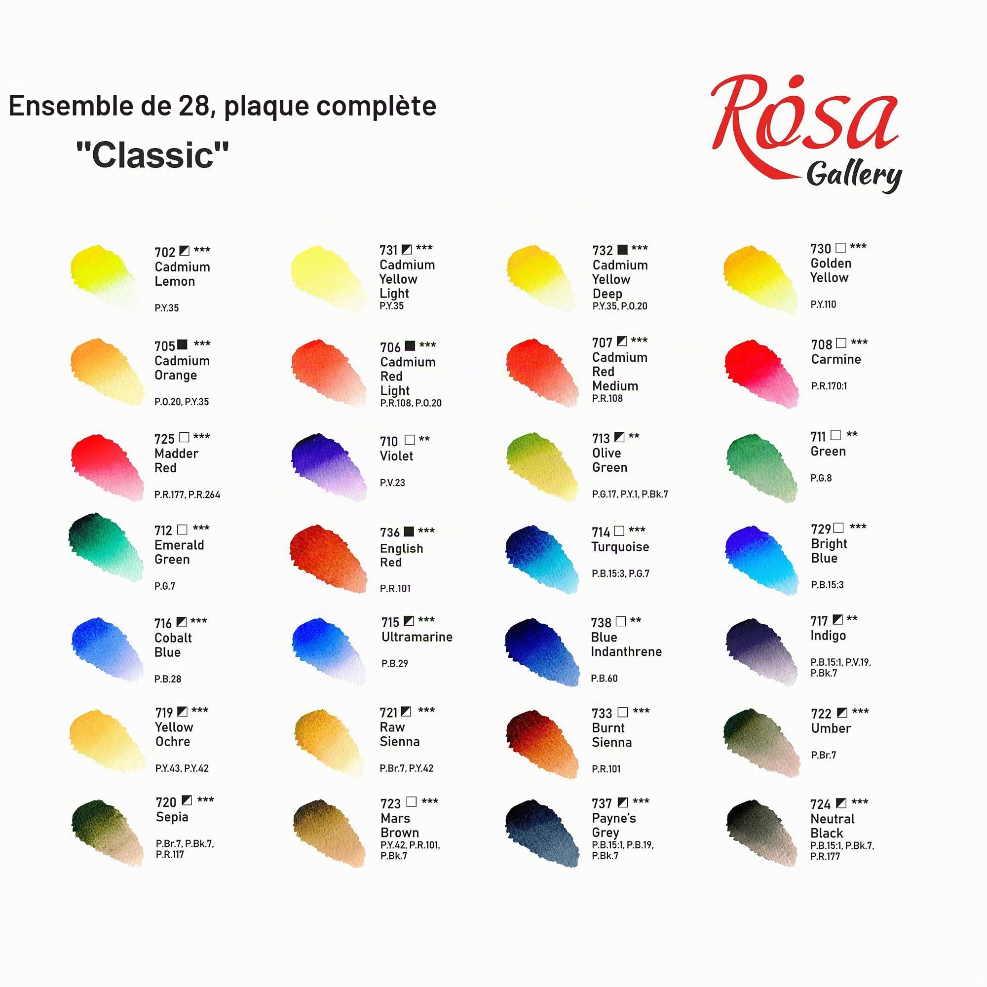 ROSA Gallery Kit de peinture aquarelle professionnelle, fabriqué en Ukraine, 28 aquarelles de 2,5 ml, kit d'aquarelle de voyage portable, peintures haute résistance à la lumière pour artistes, adultes