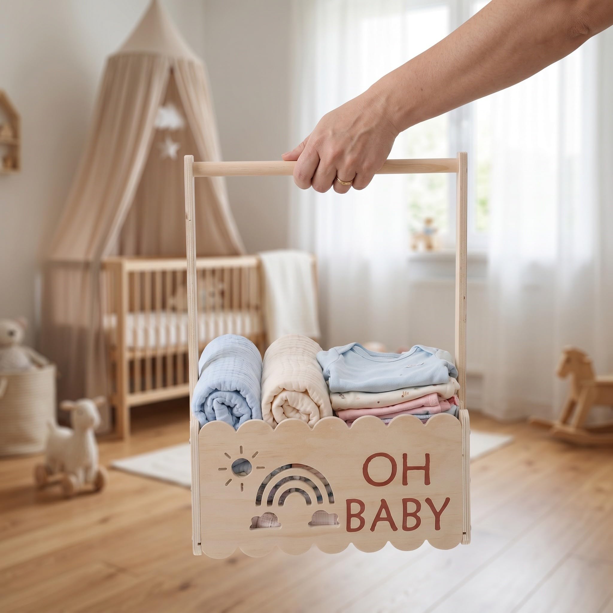 Toddmomy Drewniany kosz prezentowy dla dziecka, szafa na baby shower z drążkiem do przechowywania ubranek dla chłopców i dziewczynek, prezent do pokoju dziecięcego dla kobiet w ciąży i młodych
