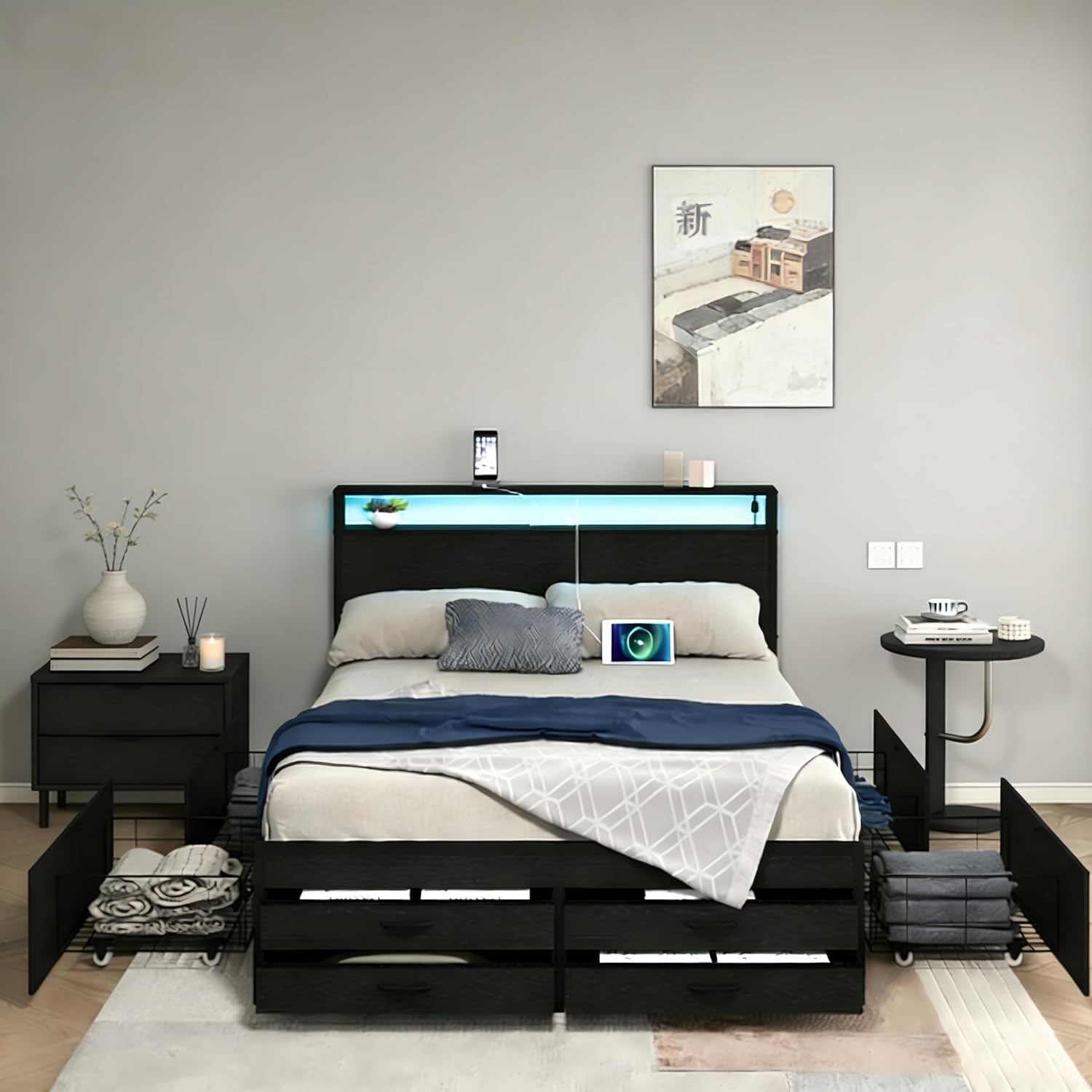 Bellemave Queen Size Platform Bed Frame with 8 Drawers, LED Headboard & Charging Station, Metal Queen Bed Frame with Storage, Noise-Free, Brown