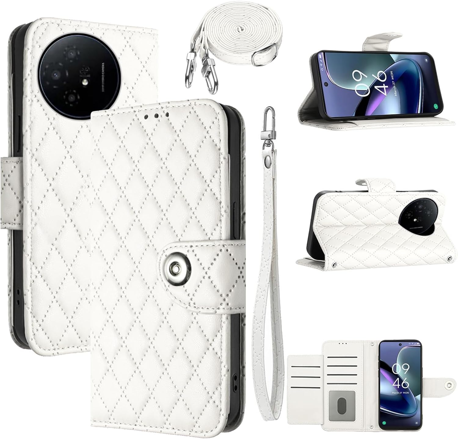 Wallet Case for TCL 50 XL 5G with Wrist Shoulder Strap, Argyle Pattern PU Leather Flip Credit Card Holder Stand Accessories Cell Phone Cover for TCL50XL 50XL T702W Girls Women White
