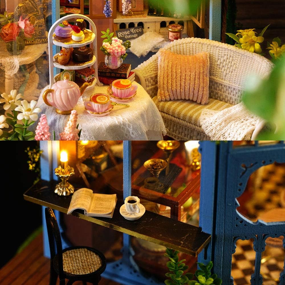 MAGQOO 3D Wooden Miniature Dollhouse DIY Kit with Furniture, Music Box and Dust Proof Included (Rose Garden Tea House)