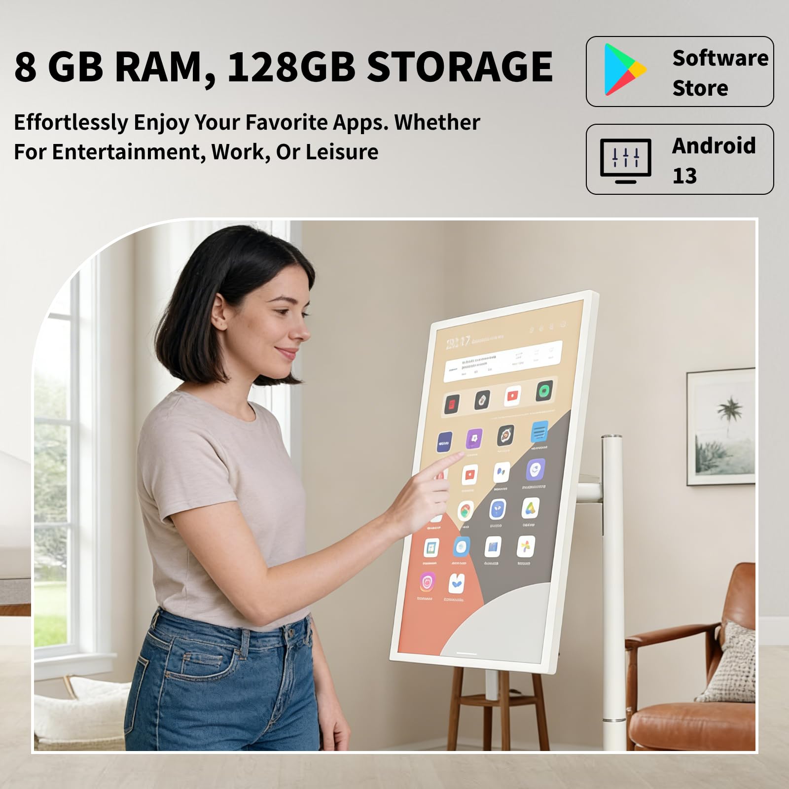 TV Touchscreen Senza Fili su Ruote 23,8"/32", Batteria 10000/15000mah, Touch, Proiezione Wireless, Inclinazione 20° E Regolazione Altezza, Fotocamera 13 MP Integrata E Microfono 23.8"