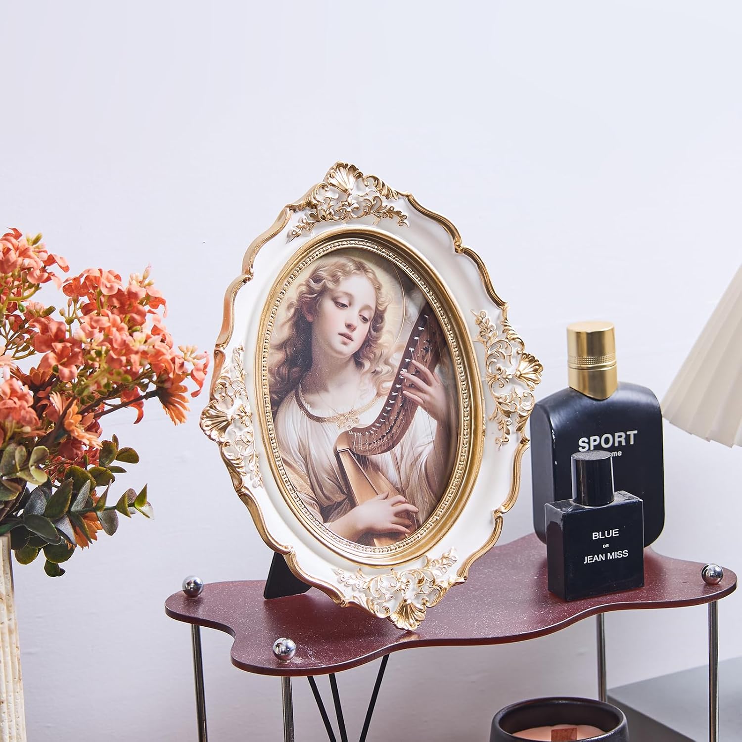 5x7 Ornate Oval Resin Photo Frame with Velvet Backing, Vintage Picture Frame for Wall/Tabletop, Hand-Crafted Hanging Frames with Easel, Hook & Mat for Home, Photo Gallery Art (White Gold)