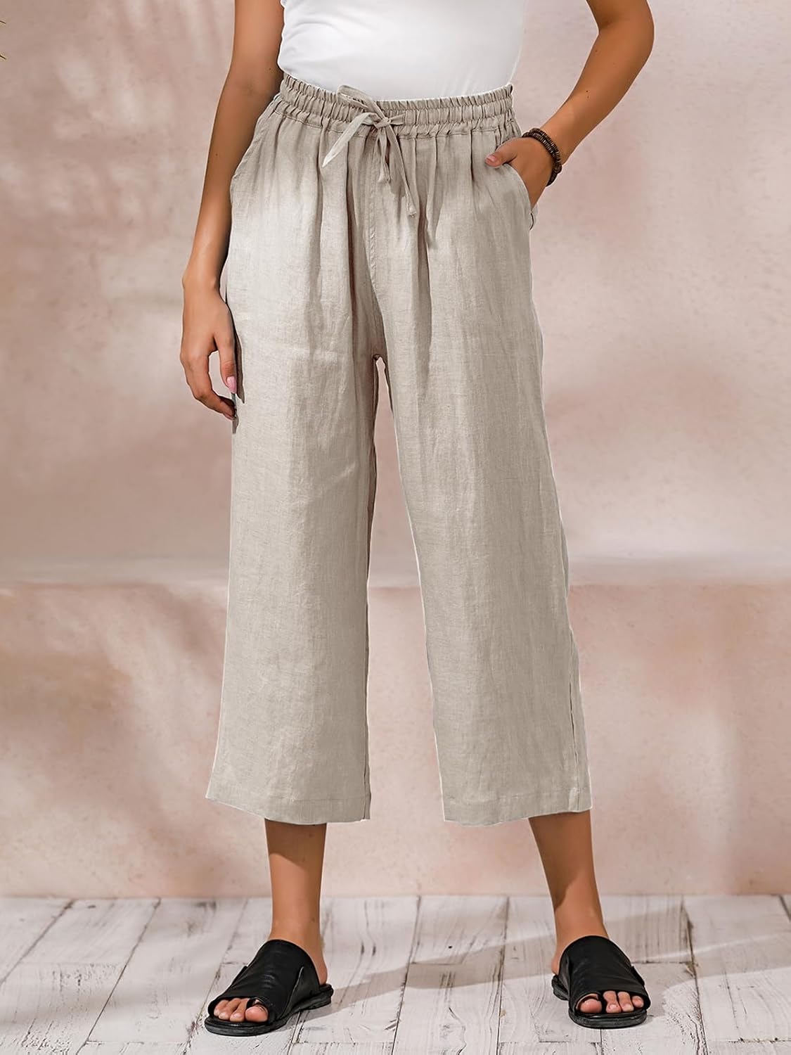 ECUPPER Womens Linen Cropped Pants Loose Casual Capri Cotton Wide Leg Plus Size Elastic Waist with Drawstring Trouses - Image 2