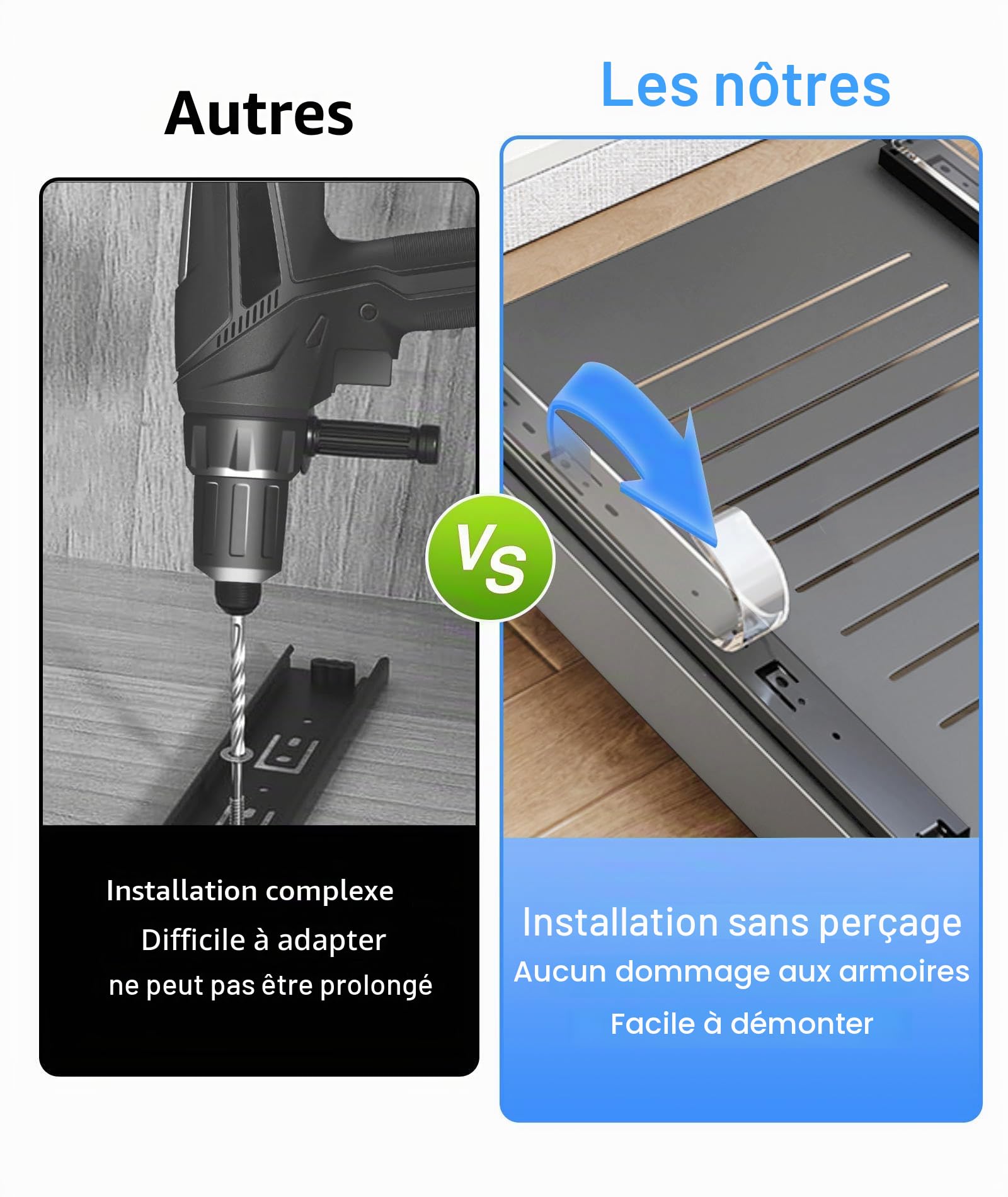 Lot de 2 organiseurs d'armoire extensibles - Tiroir télescopique pour équiper - Pas de perçage ni de clouage nécessaire - Tiroir à tirer - Largeur réglable pour la cuisine, la salle de bain, le salon