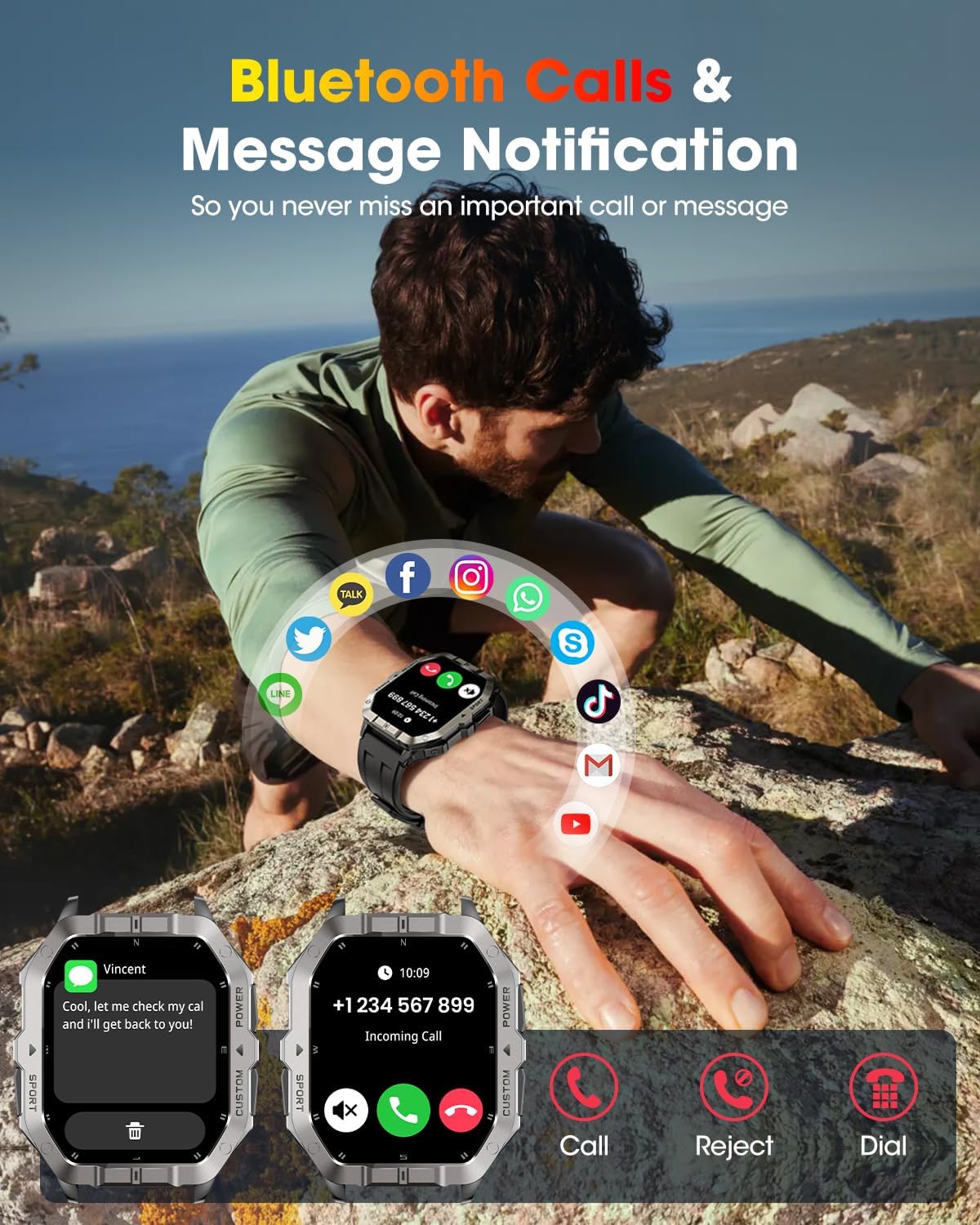 Smart Watch for Men, Built-in GPS & Bluetooth Call, 2.02 Inch Fitness Tracker with Heart Rate Monitor, Sleep Monitor, 100+ Sports Modes, Compatible with Android and iPhone