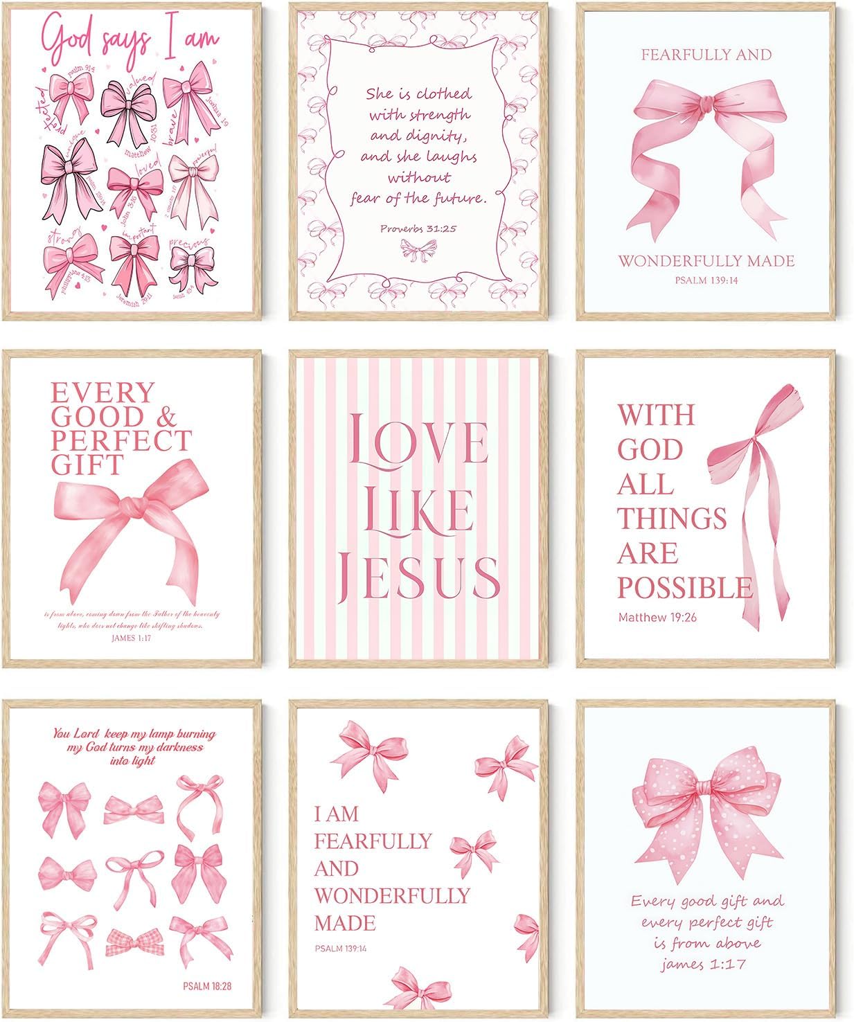 9Pcs Coquette Pink Bow Wall Art Inspirational Bible Verses Canvas Wall Decor Jesus Christian Posters Prints Pink Bow Room Bedroom Dorm Pictures for College Teen Girls Gifts 8X10in Unframed