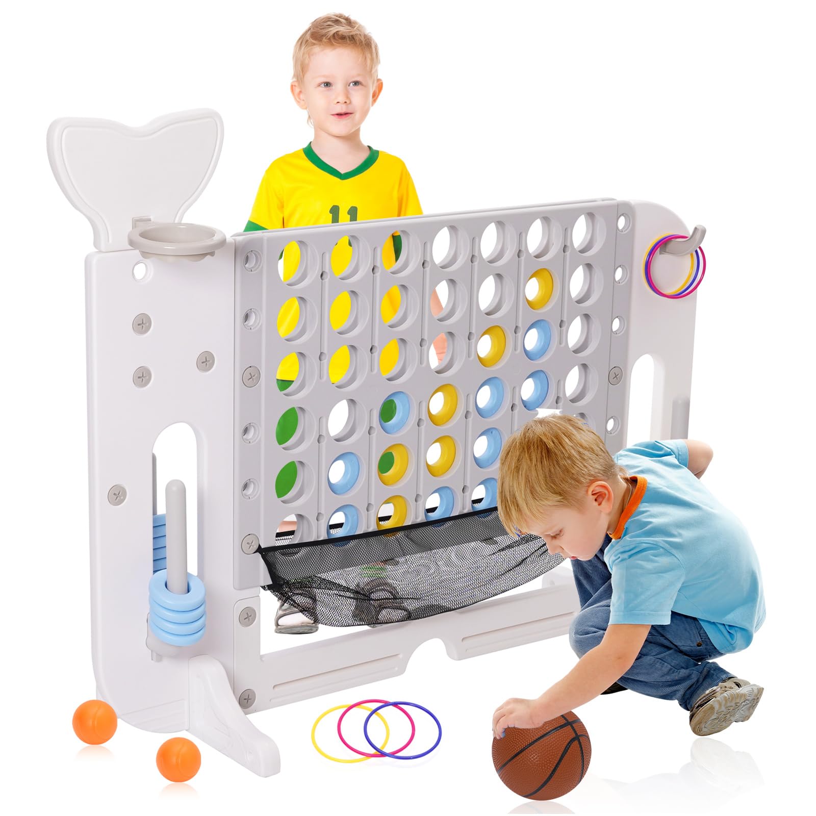 4 In 1 Giant 4 in A Row, Four Connect Board Game Set with Basketball,Golf and Rings,42 Jumbo Rings & Quick-Release Slider, Jumbo 4-to-Score Garden Games Indoor Outdoor, for Kids Adult