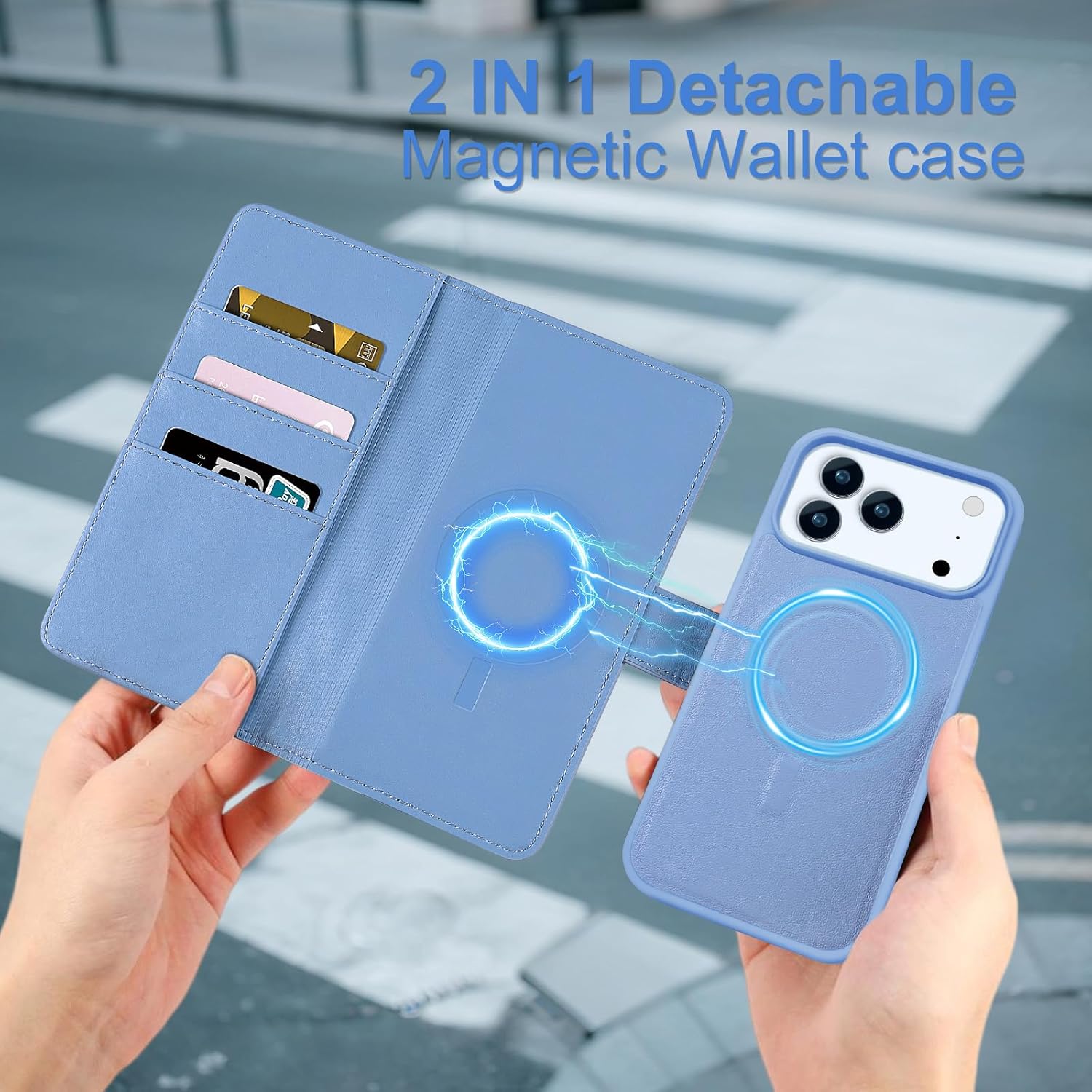 Harryshell for iPhone 17 Pro Max Detachable Wallet Case Magnetic Cover Compatible with Magsafe RFID Blocking Card Slots Holder Kickstand PU Leather Folio Protective Case Men Women Quilted Sky Blue
