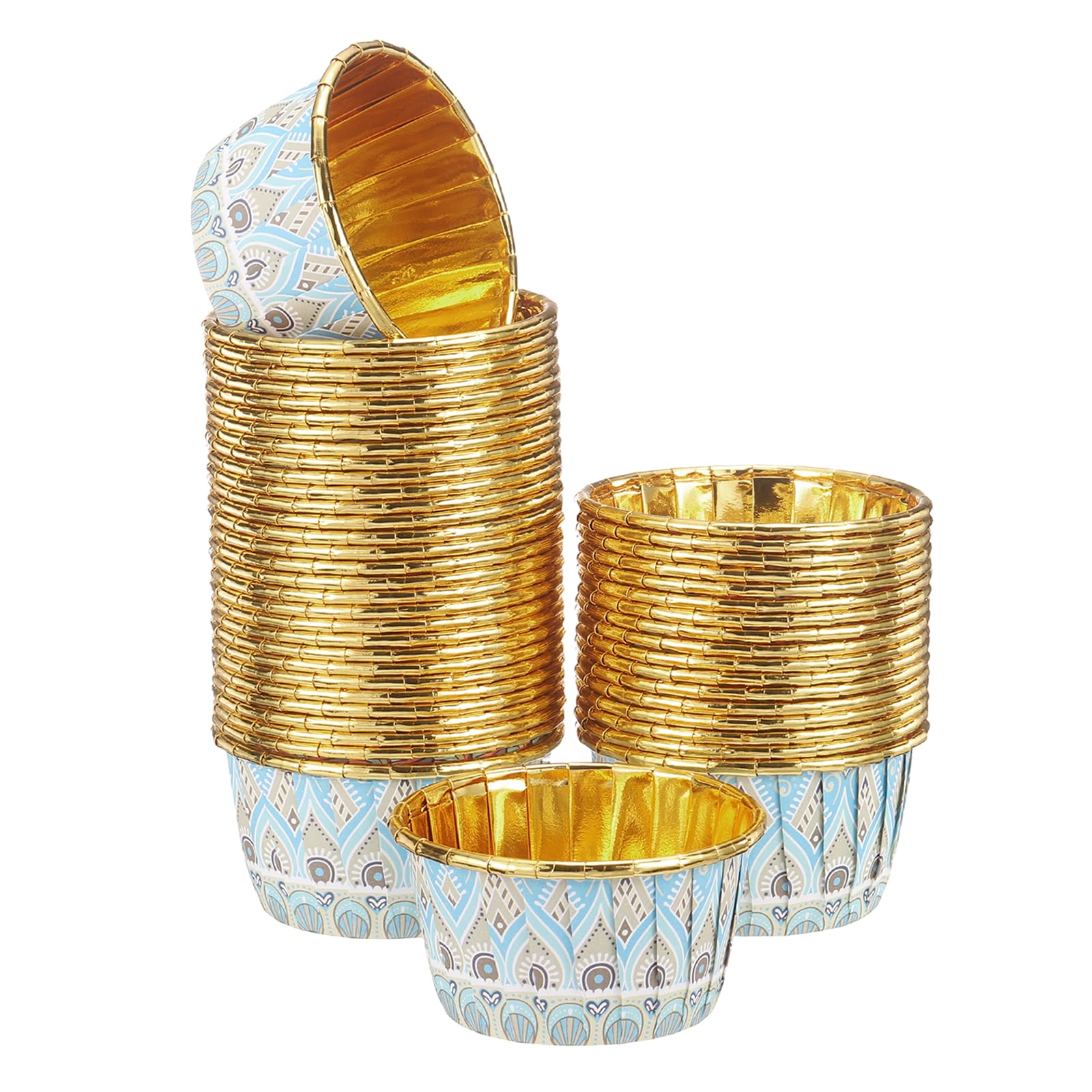sourcing map 150 Pcs Cupcake Baking Liners 3.5 oz Foil Cupcake Liners Gold Little Baking Cups Bohemian Style for Birthday Party Wedding Festival, Blue/Brown