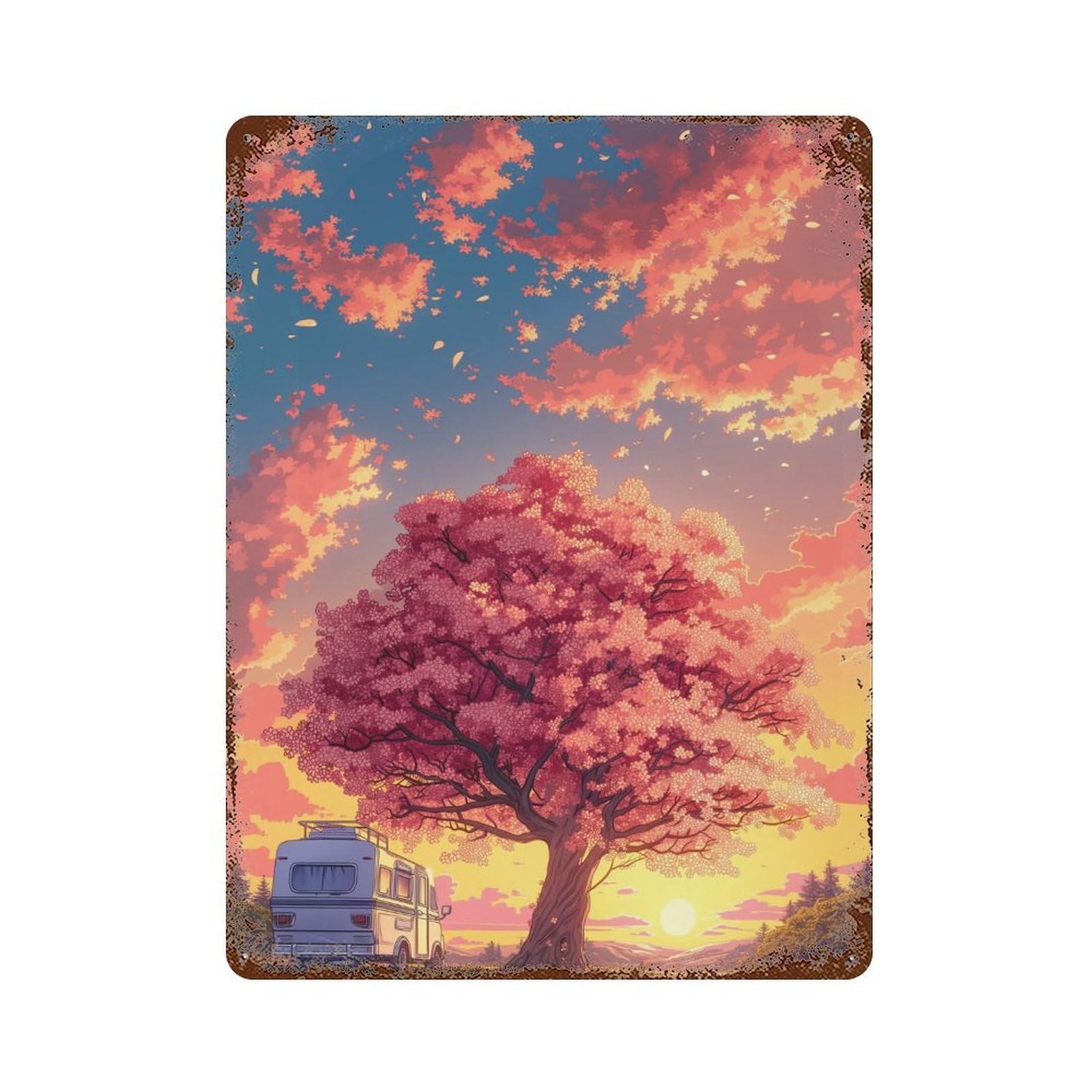 Cherry Blossom Camper Sunset-1 Retro Metal Sign 15.7"x11.8", Farmhouse Wall Decor for Garage, Pub Or Kitchen