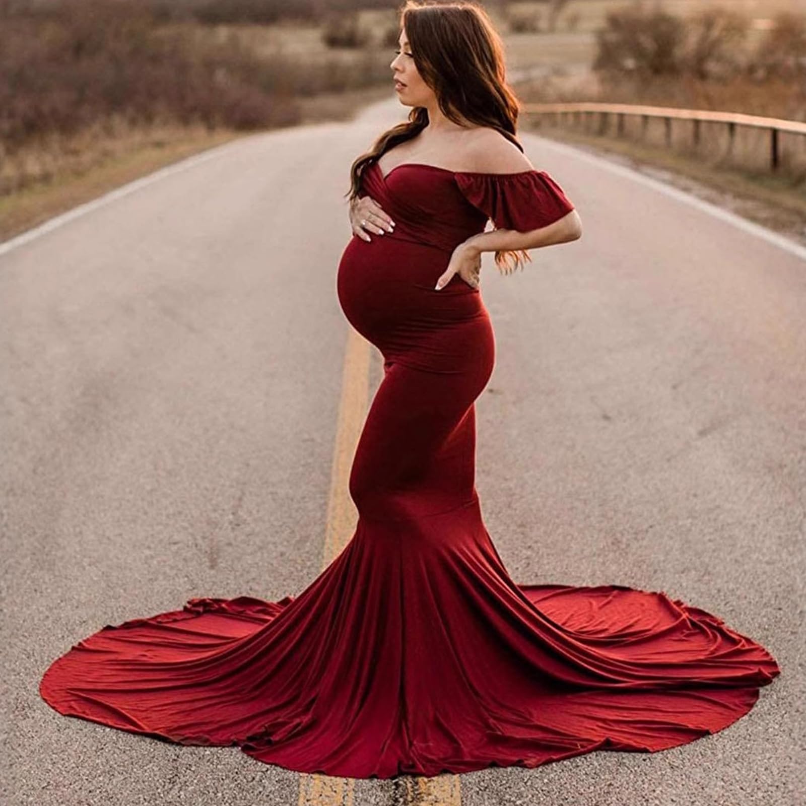 Elegante vestido de maternidad, vestido largo de algodón con dobladillo de arrastre y mangas con volantes para sesión de fotos y ropa de maternidad para invitados de boda