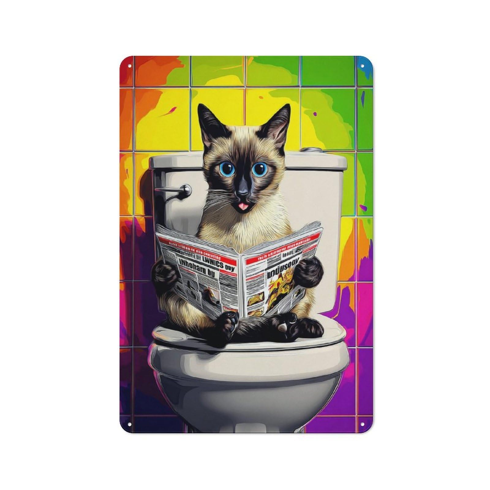 Junmoney Cat On Toilet Reading Newspaper -2 Metal Wall Sign 30X20cm Featuring For Café Or Restaurant, A Decorative Metal Sign For Cafés And Restaurants