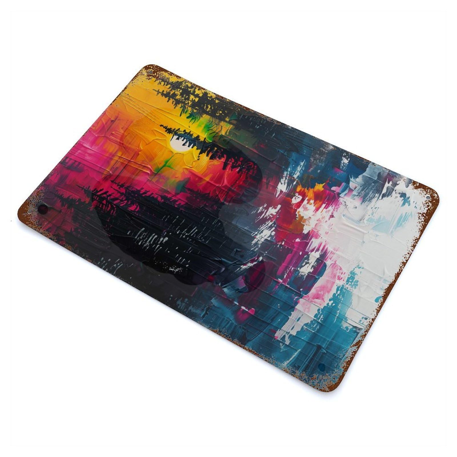 Sunset Forest Painting 11.8"x7.9" Aged Metal Wall Plaque, Retro Wall Decor for Farmhouse, Kitchen And Entryway Decor
