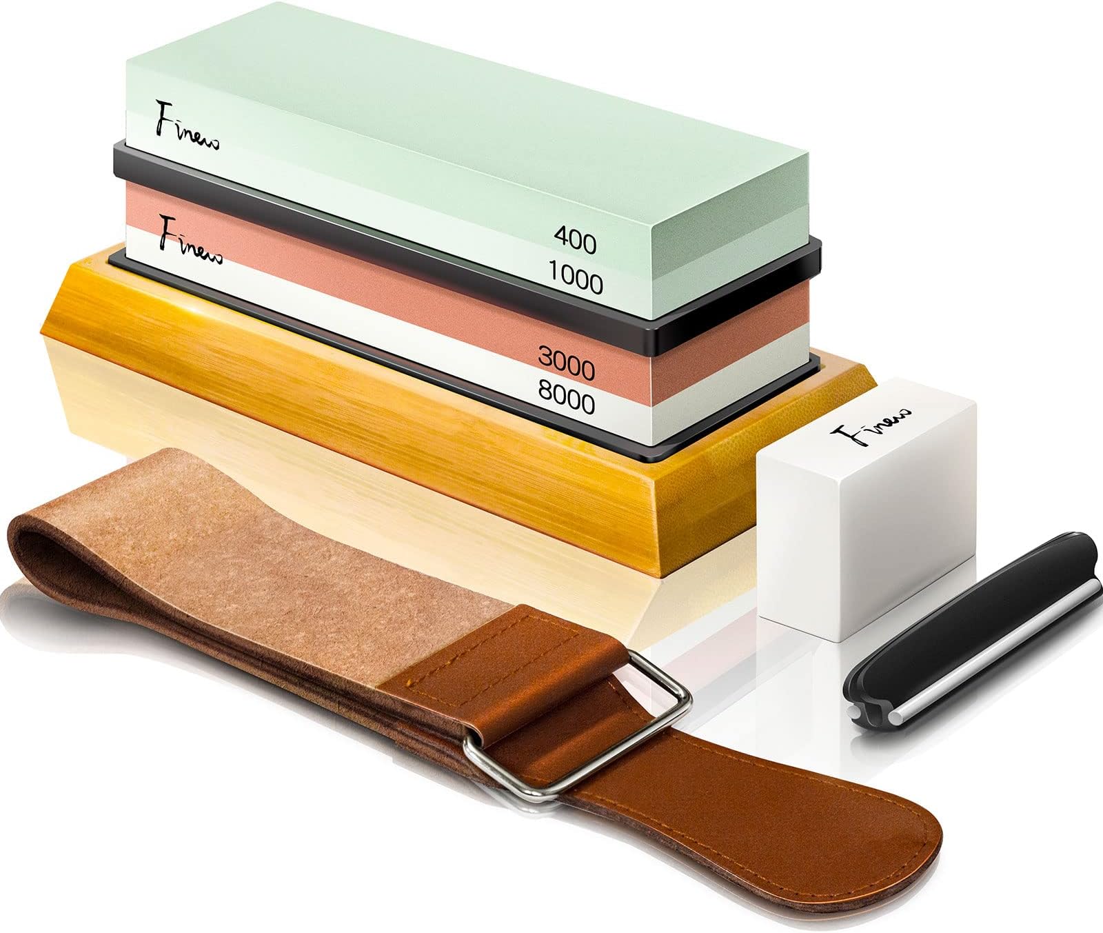 Knife Sharpening Stone Kit, Premium Wet Stone Sharpener Set, Professional 4 Side Grit 400/1000 3000/8000 Whetstone with Non-slip Bamboo Base, Flatting Stone, Angle Guide, Leather Strop