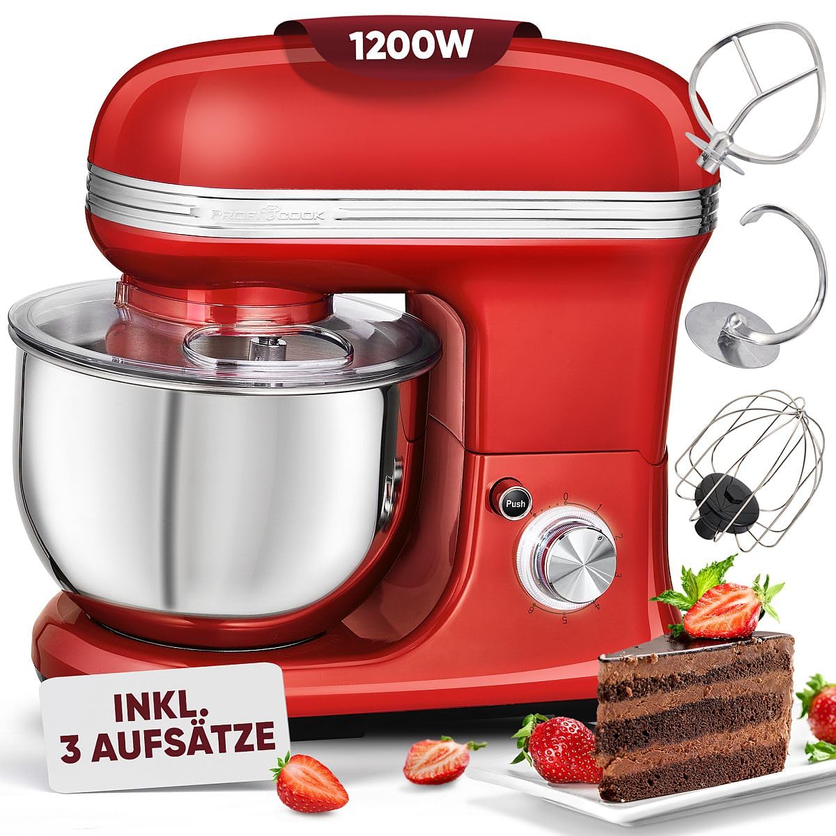 ProfiCook® Küchenmaschine zum backen | Knetmaschine 5L mit starkem 1200W Motor | Teigmaschine inkl. Haken & Schneebesen | Retro Teigknetmaschine Spritzschutz mit Nachfüllöffnung | PC KM 1197 rot