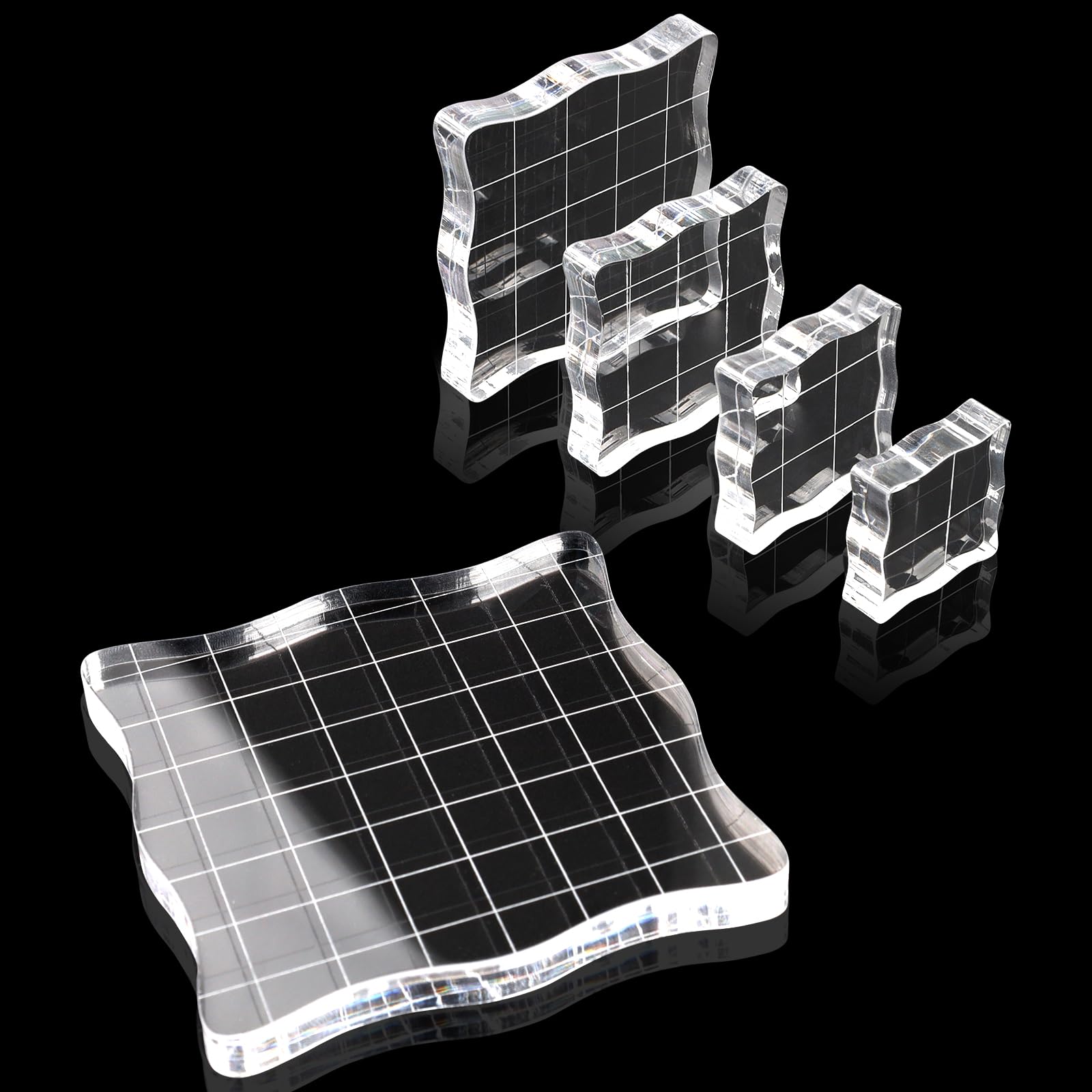 5 Pcs Acrylic Blocks for Stamping, Clear Stamping Blocks Set with Grid Lines, Square Acrylic Stamp Block, Clear Decorative Block for Scrapbooking DIY Crafts Making, Assorted Sizes