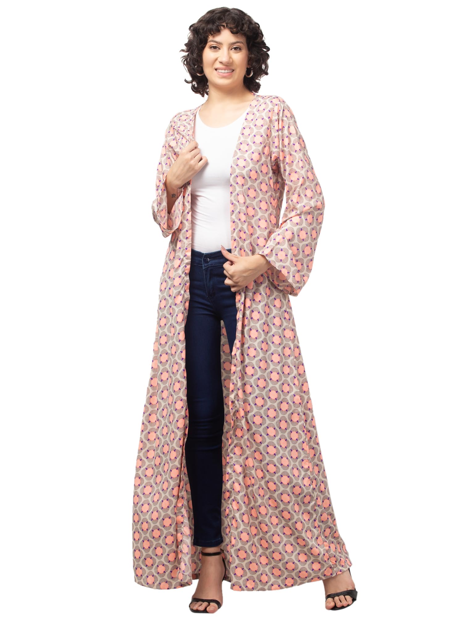 Women's Printed Shrug Abaya, Peach and Purple Floral Pattern, Long Maxi Style, Open Front-image-6