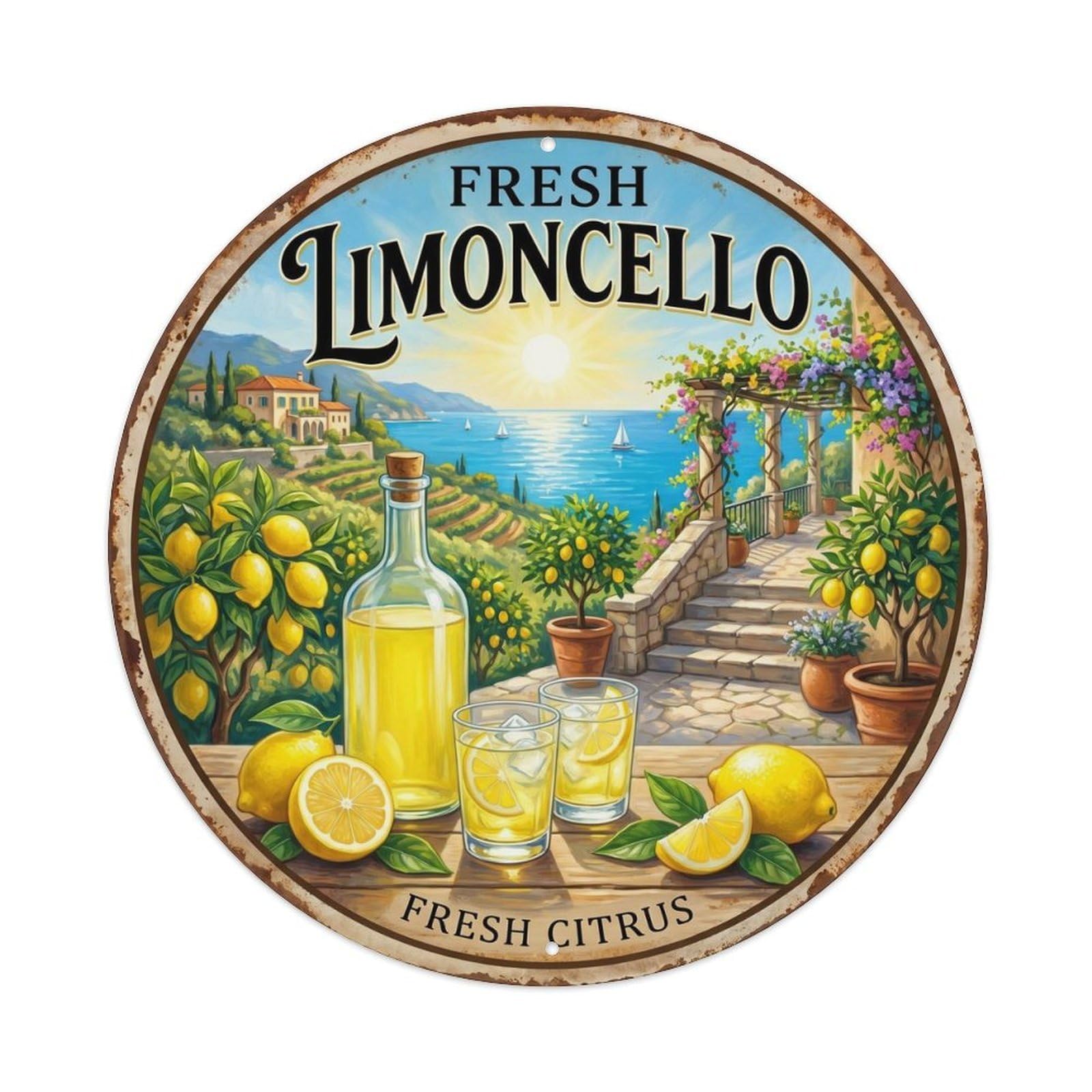 Fqcyn Style Natural Limoncello Elixir Metal Tin Sign Plaque Wall Decor For Cafe, Club Bar, Office, Home Garden Round Metal Poster 8X8inch