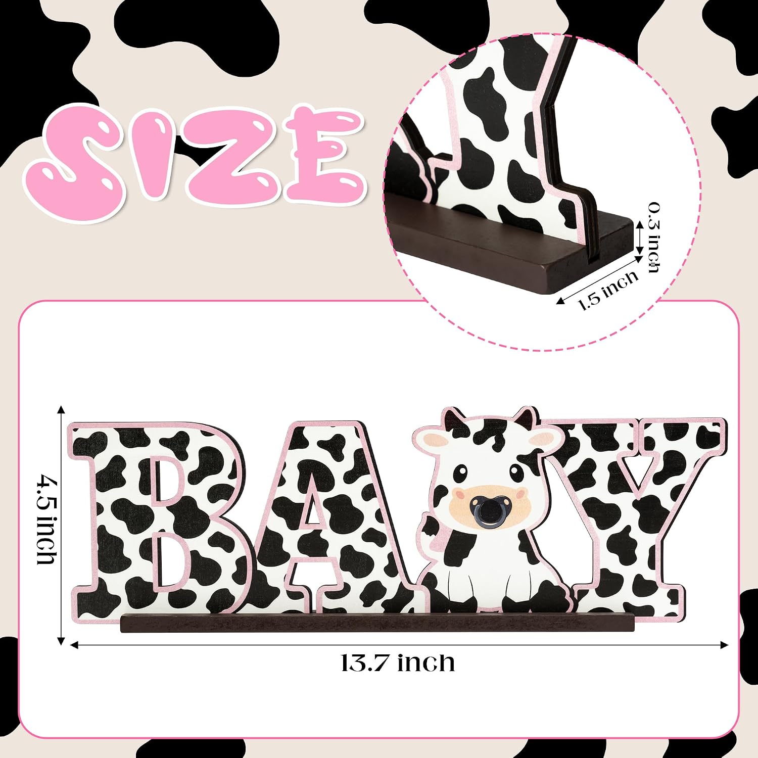 ANGOLIO Baby Cow Print Wooden Table Centerpiece, Cow Theme Party Decor, 13.7 x 4.5 Inches
