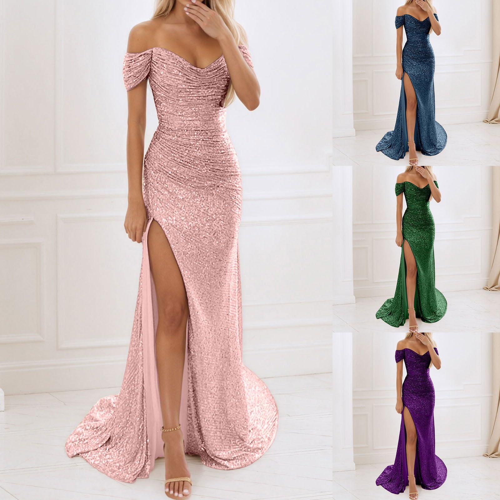 Vestido de fiesta sexy para mujer, diseño de sirena sin tirantes, línea A, vestido de lentejuelas, tul brillante, vestido de novia con raja, hombros descubiertos, vestidos de baile de graduación