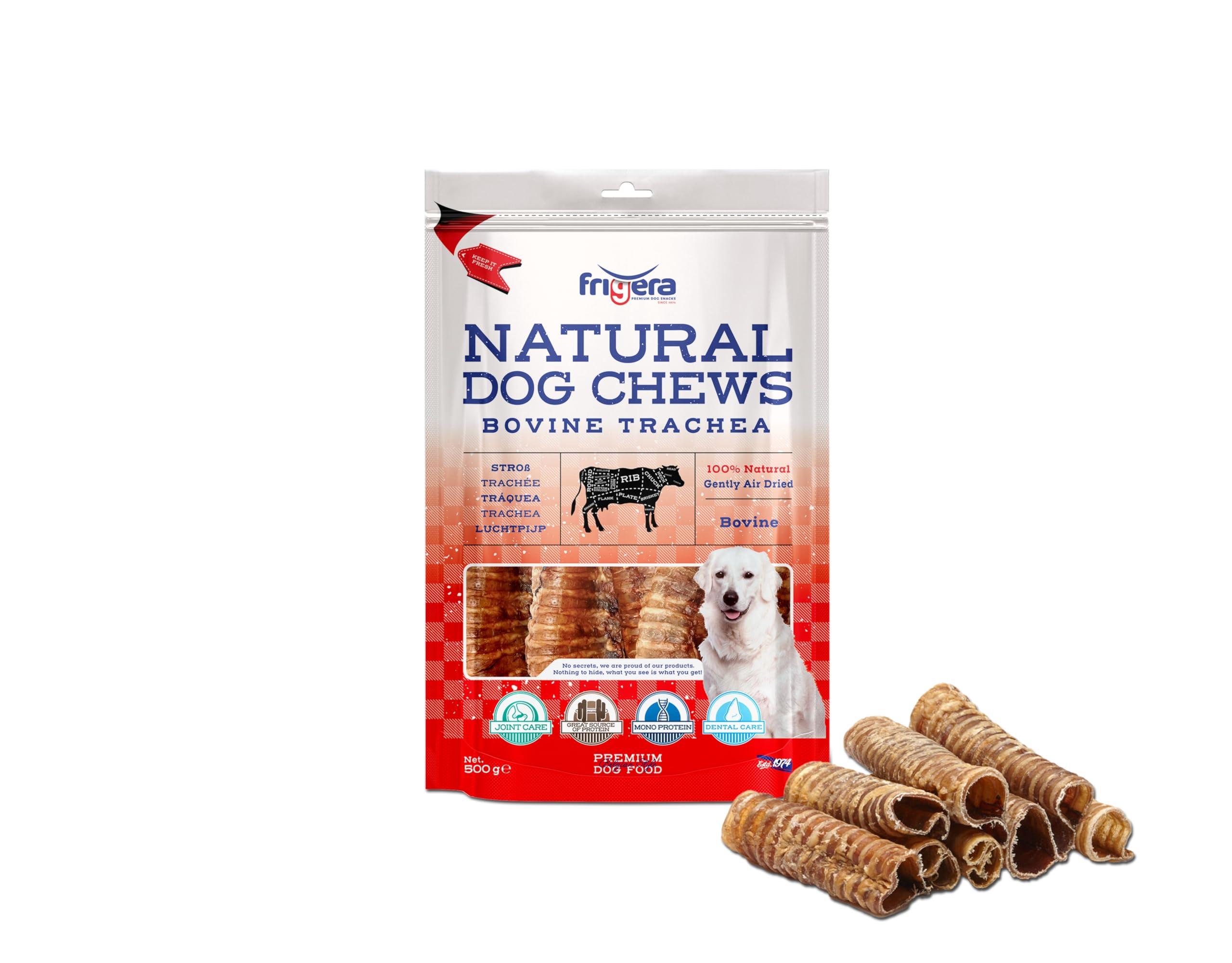 Frigera Bovine trachea 500g – Beef, Natural dog snacks, Protein-rich, Gluten- and Grainfree, No additives