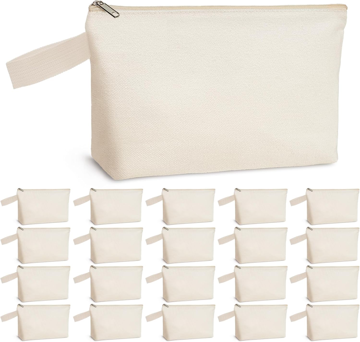 Koolmox Canvas Bags Bulk, 20 Pack 12Oz Fabric Makeup Pouch with Bottom and Nylon Strap Blank for Embroidery, Paint, Draw, Sublimation Crafts (Beige Bag w/Beige Zipper, M, 10.2x5.5x2.1'')