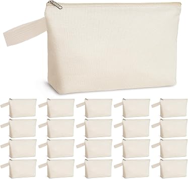 Koolmox Canvas Bags Bulk, 20 Pack 12Oz Fabric Makeup Pouch with Bottom and Nylon Strap Blank for Embroidery, Paint, Draw, Sublimation Crafts Beige Bag w/Beige Zipper, M, 10.2x5.5x2.1