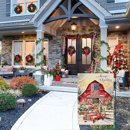 Miniatura 5 de Bandera de jardín de Feliz Navidad de 12 x 18 pulgadas, doble cara, árbol de Navidad rojo granero de Navidad, bandera estadounidense, camión,