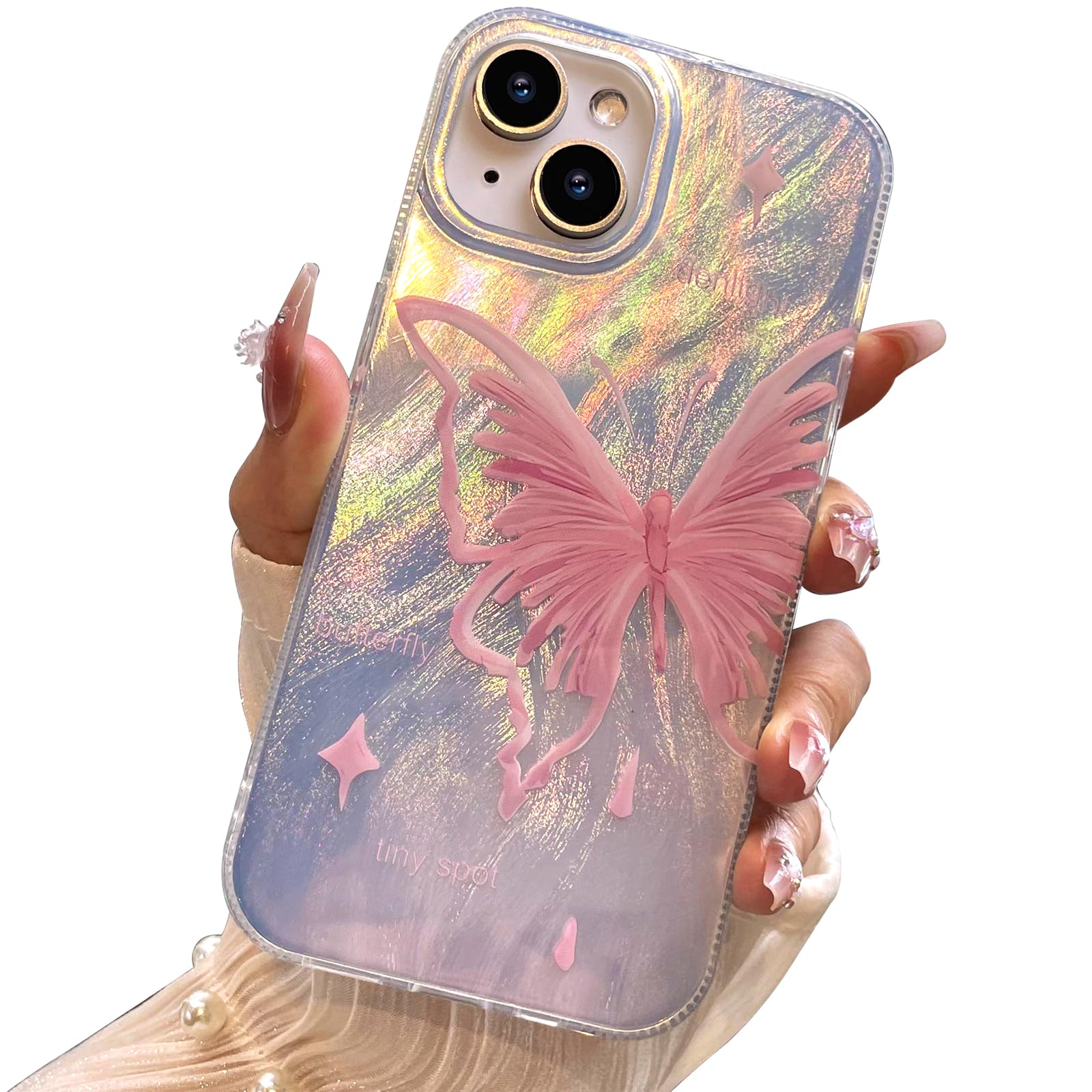 I-MGAE-IN-AR for iPhone 13 Case & iPhone 14 Case Pale Pink Butterfly Design,Trendy Cute Soft Slim Shockproof TPU Protective Phone Cases Cover for