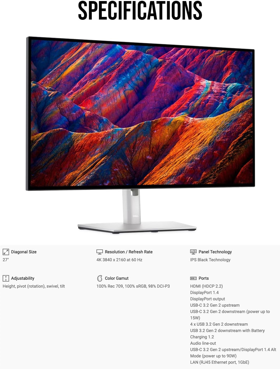 Dell U2723QE UltraSharp 27 polegadas 4K USB-C Monitor combo com cabo HDMI, cabo de carregamento USB-C, limpador de tela, cabo adaptador e abraçadeiras de fixação de gancho e laço (6 itens)