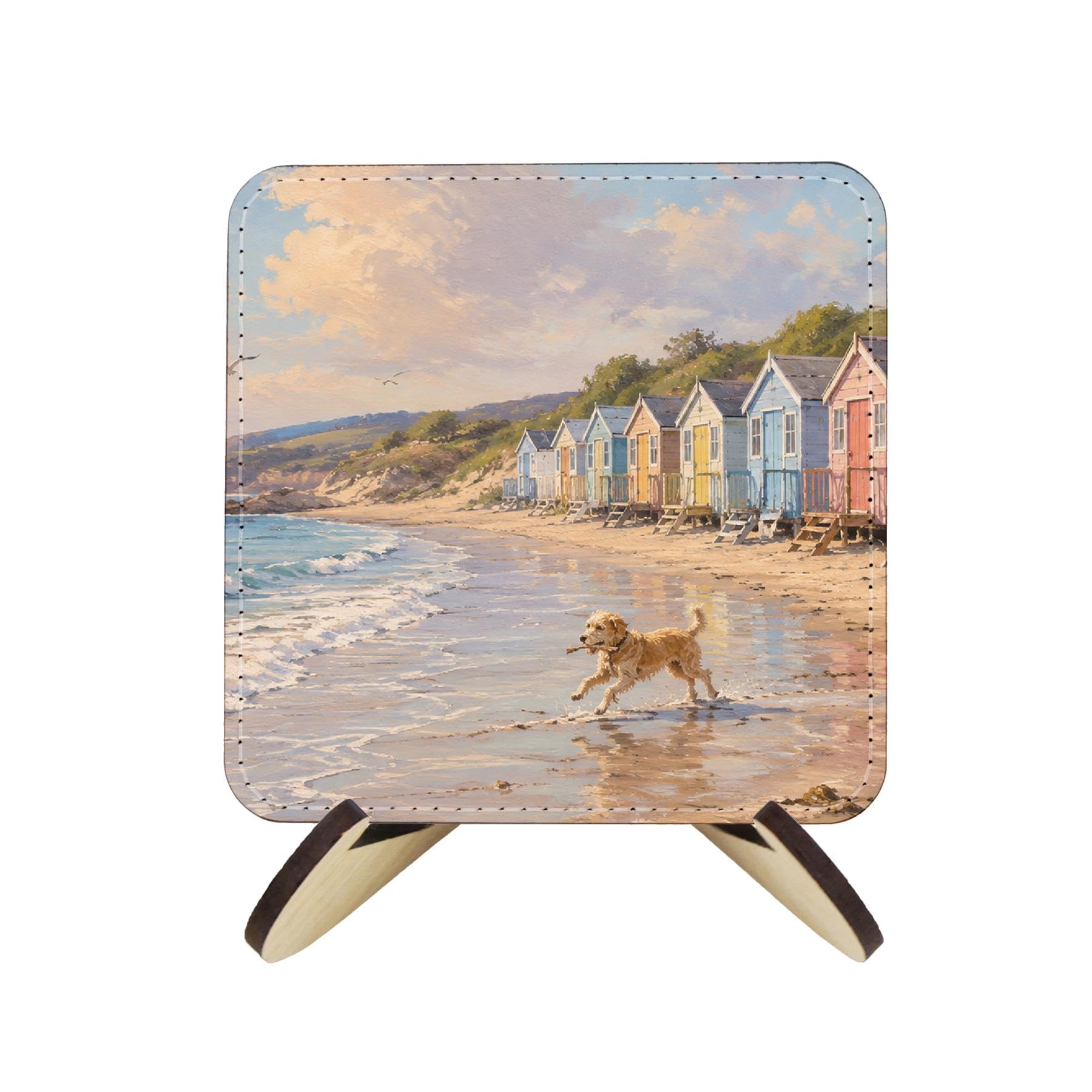 Painted Beach Scenes Faux Leather Coasters - Table Decor 4pk with Stand