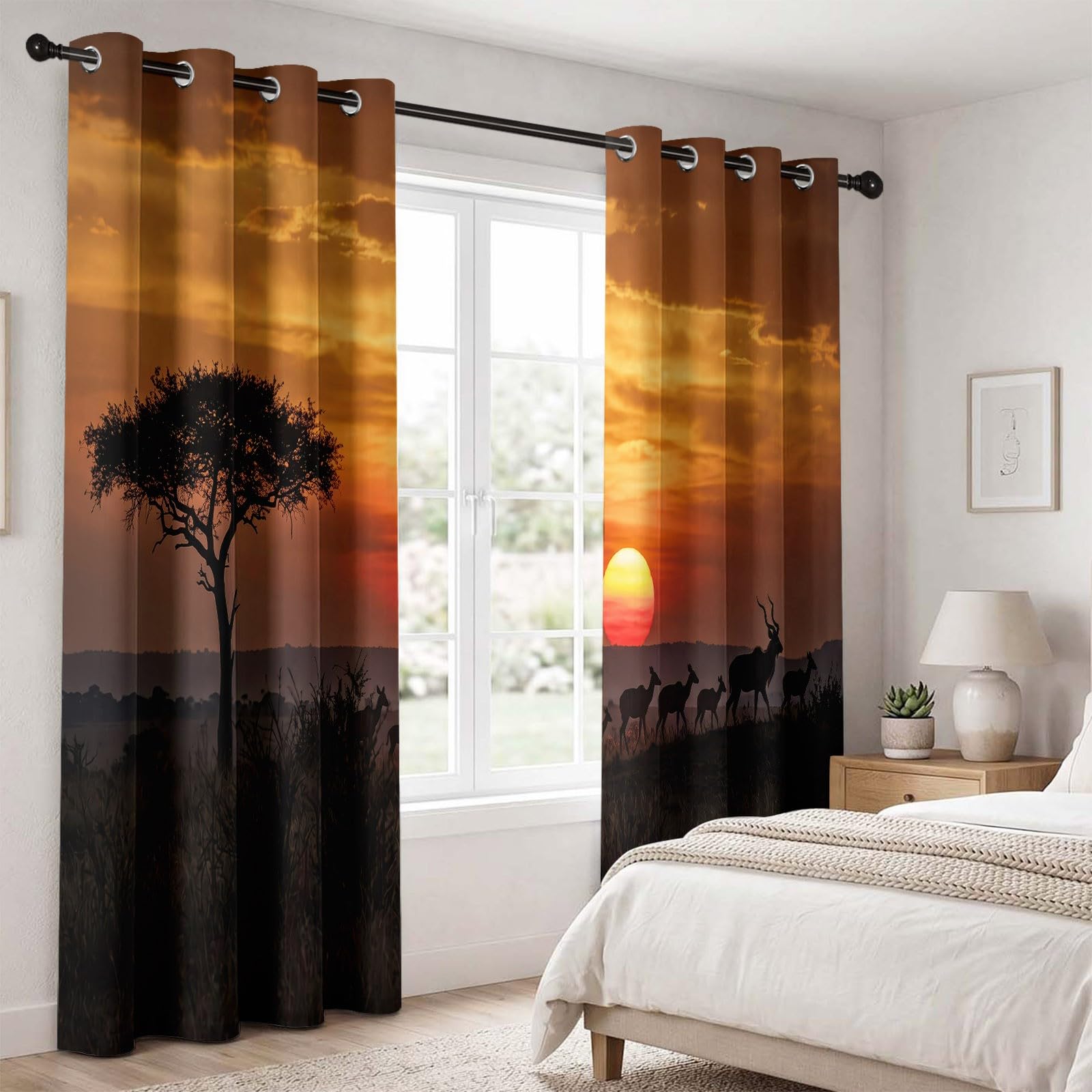 Naturlandschaft Verdunkelungsvorhänge, H245 x B100 cm Grasland Bäume Sonnenuntergang Wildtiere Antilopen Wolken Vorhänge Ösen 2er Set Schlafzimmer, Gelb Raumverdunkelung Fenstervorhänge für Wohnzimmer